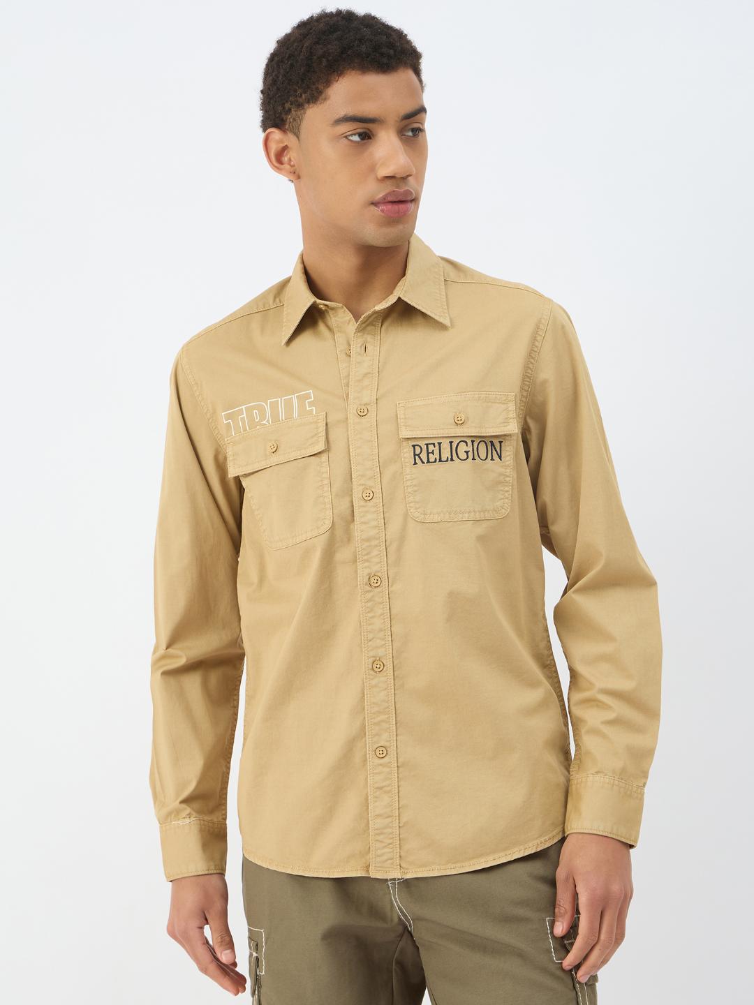 True Religion Men Beige Solid Collar Shirt