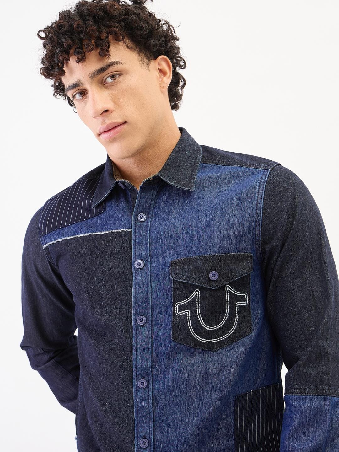 True Religion Men Blue Solid Collar Shirt