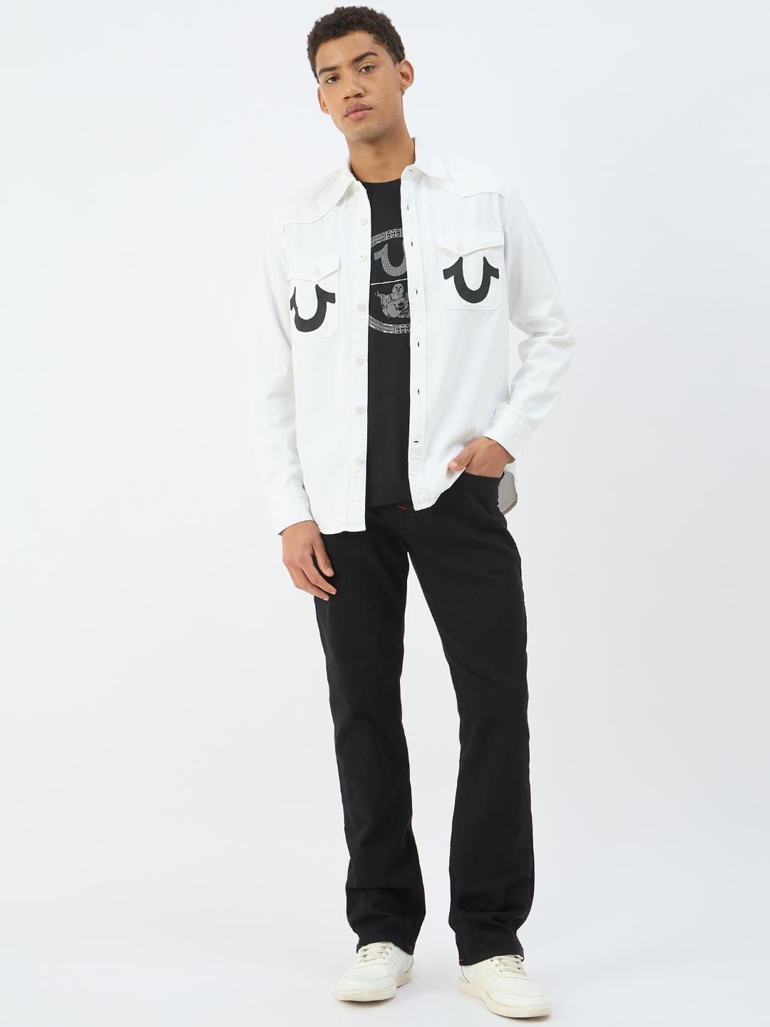 True Religion Men Cream Solid Collar Shirt