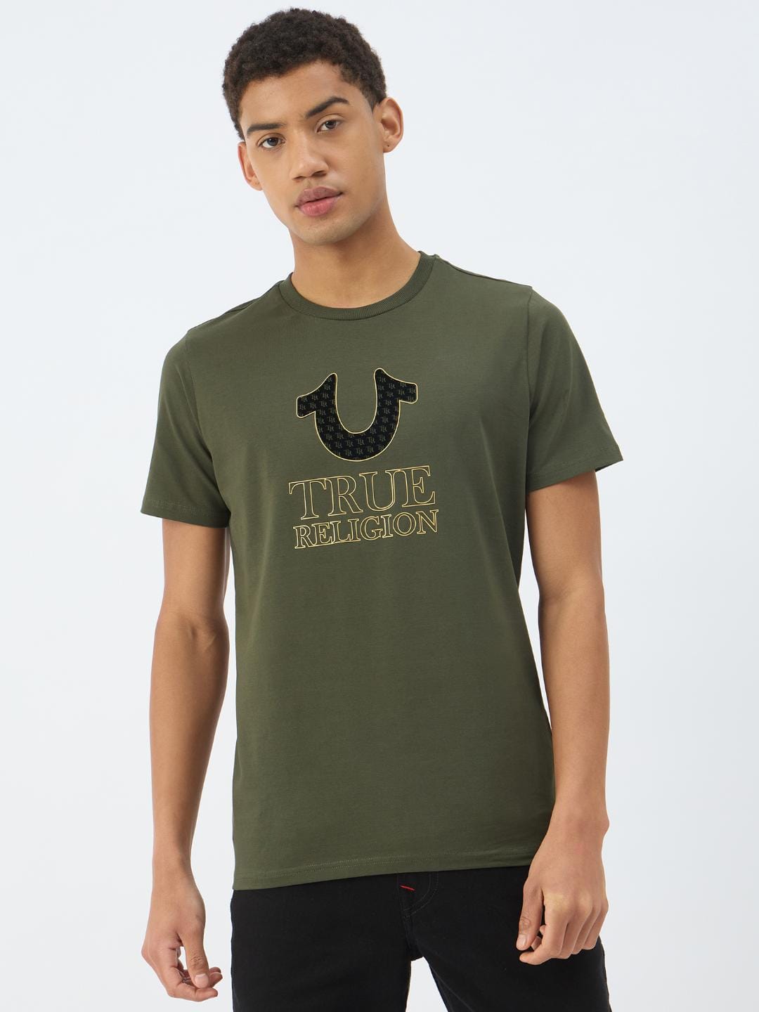 True Religion Men Green Solid Round Neck Tshirt