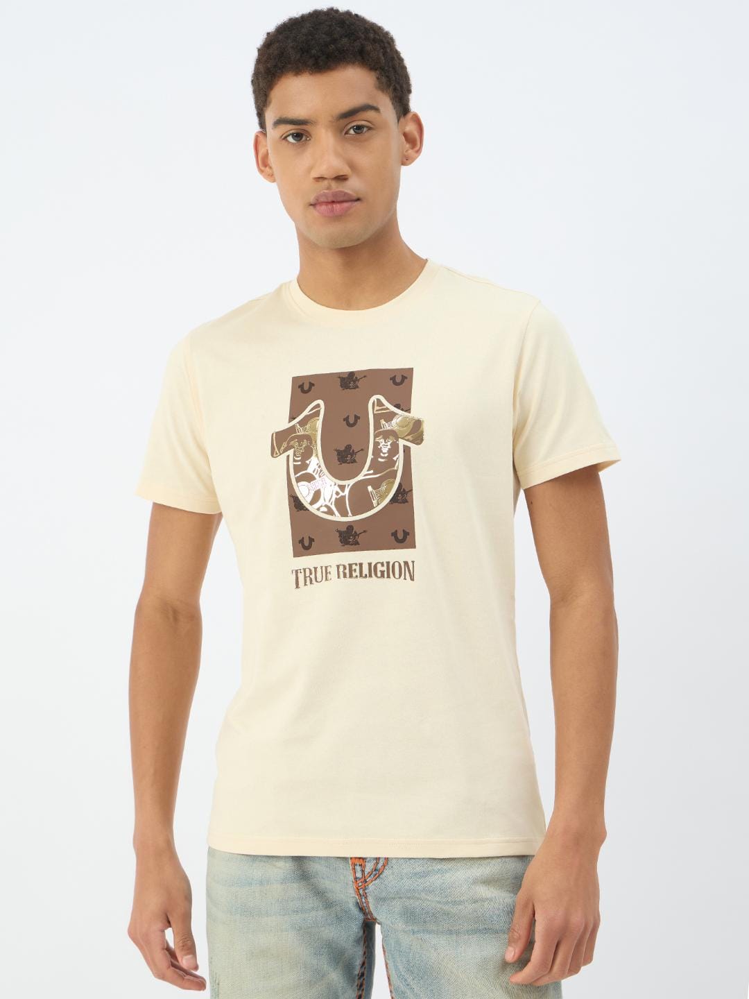 True Religion Men Beige Solid Round Neck Tshirt