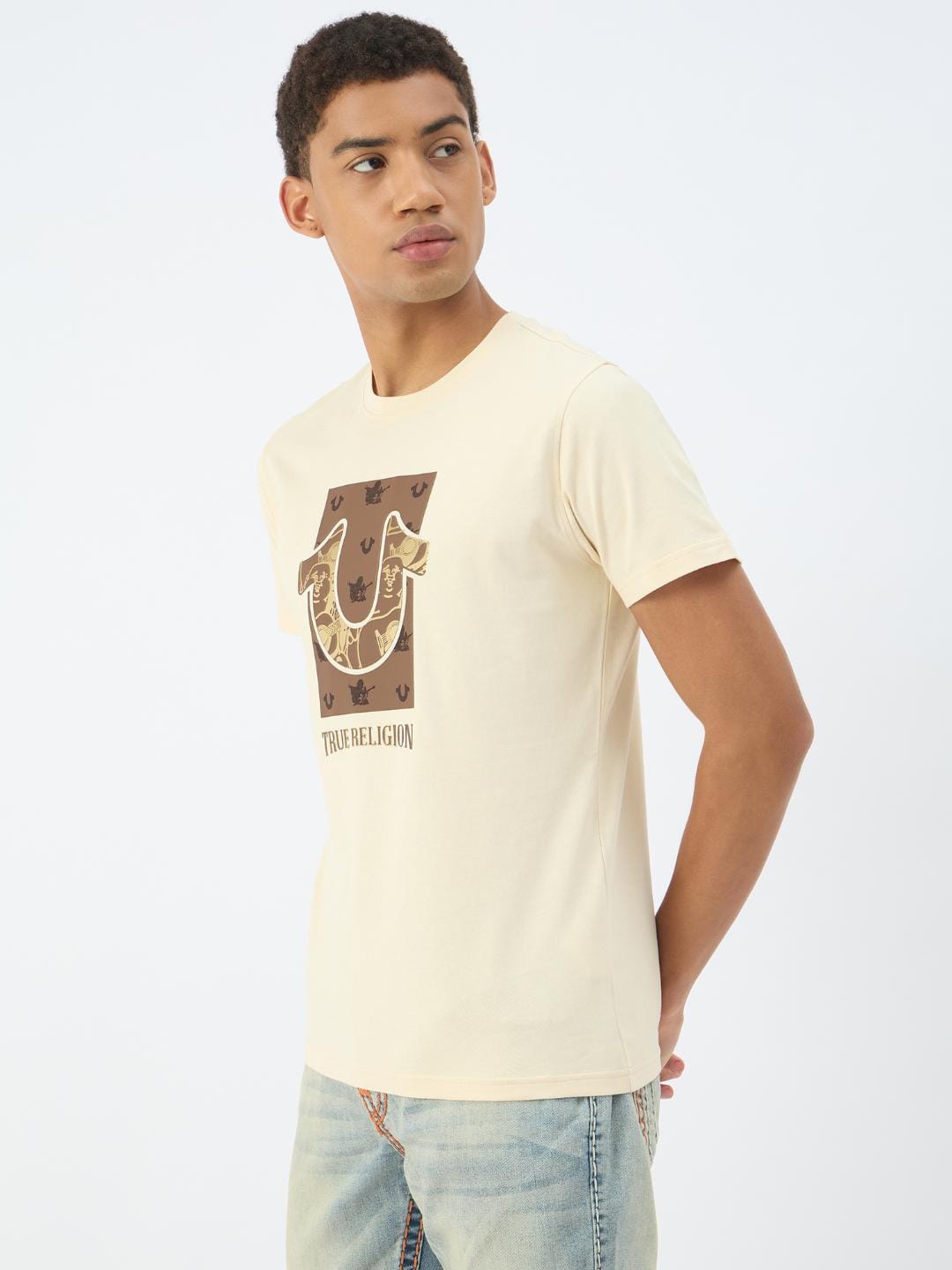 True Religion Men Beige Solid Round Neck Tshirt