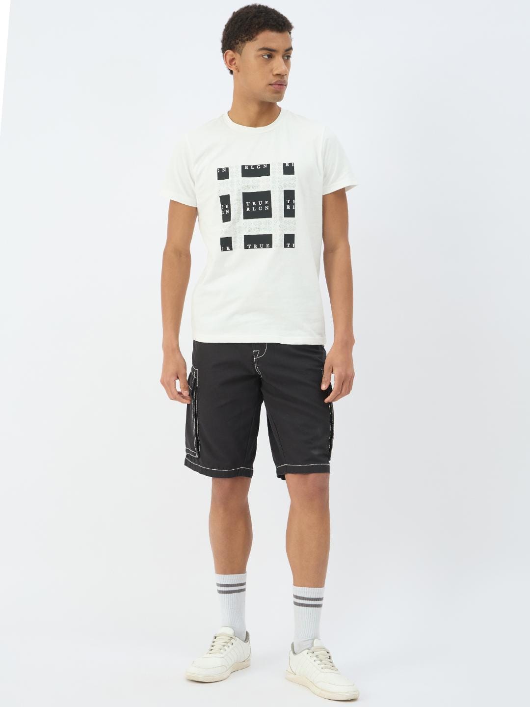 True Religion Men Cream Solid Round Neck Tshirt