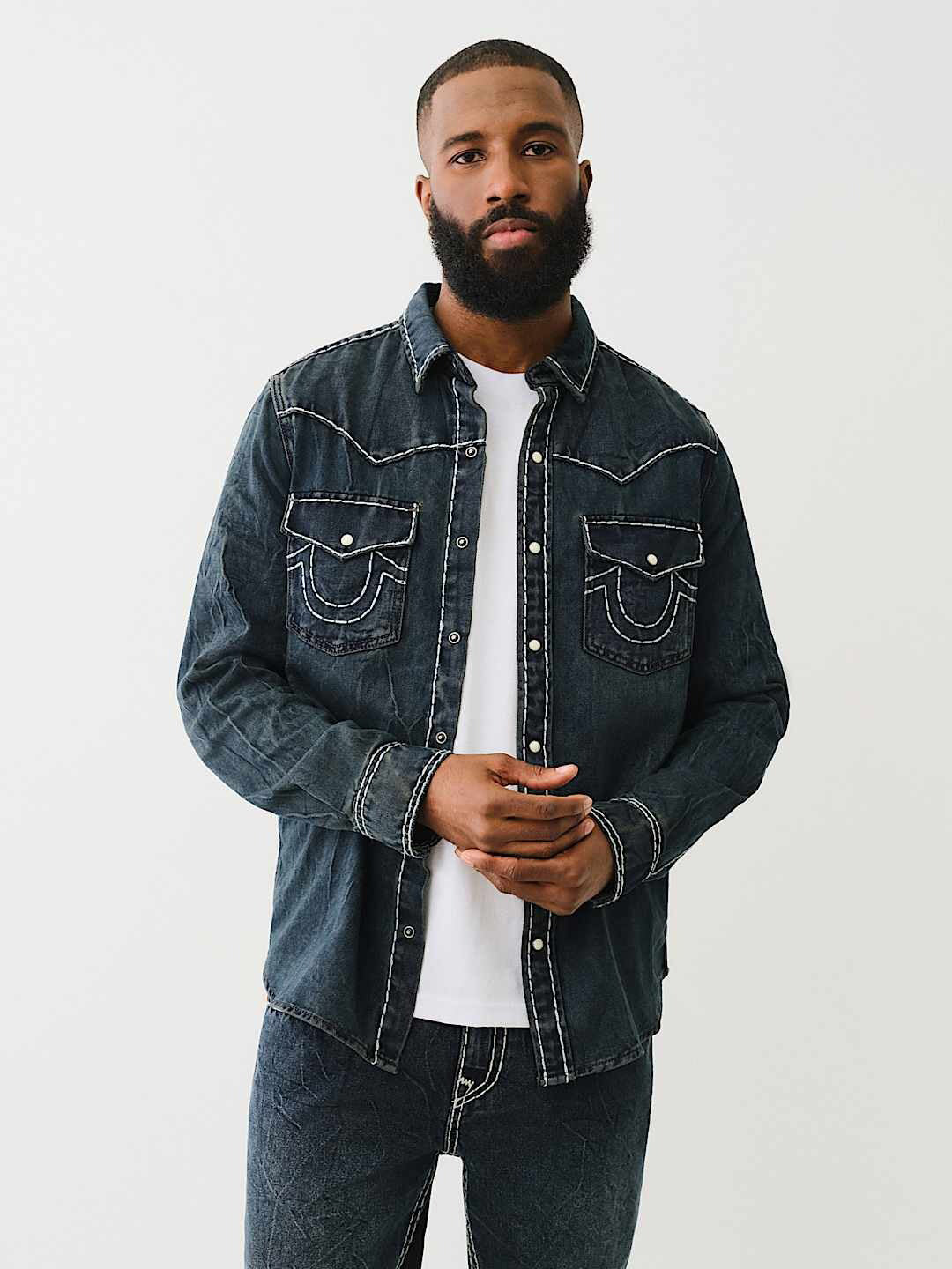 Shop True Religion Men Blue Classic Point Collar Full Sleeves