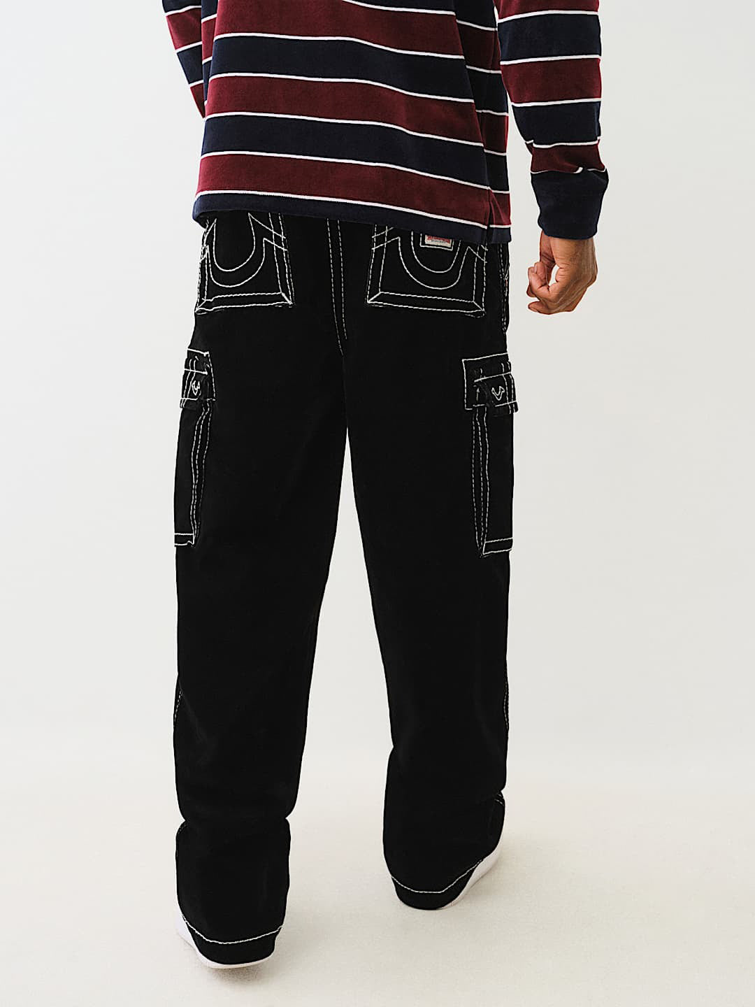 True Religion Men Black Mid Rise Oversize Contrast Stitching Cargo Trouser