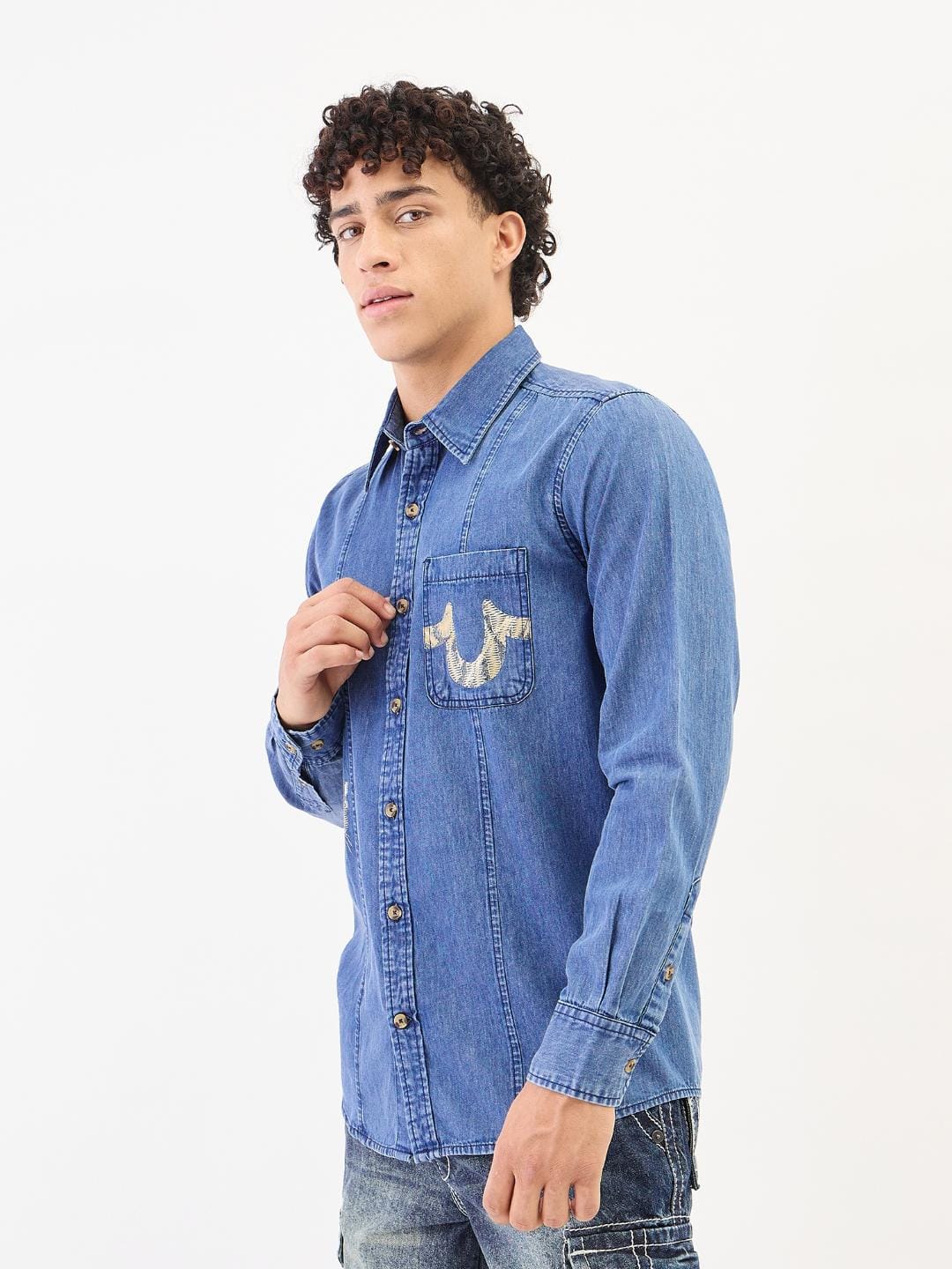 True Religion Men Blue Solid Collar Shirt