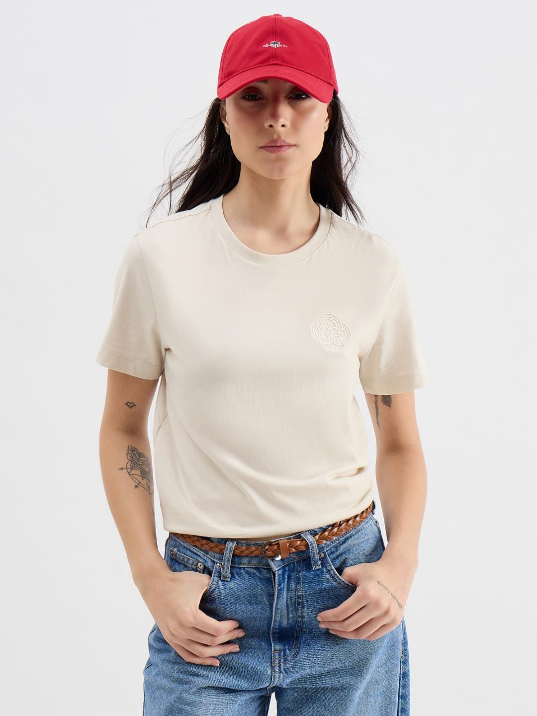 Gant Women Off White Graphic Crew Neck Tshirt