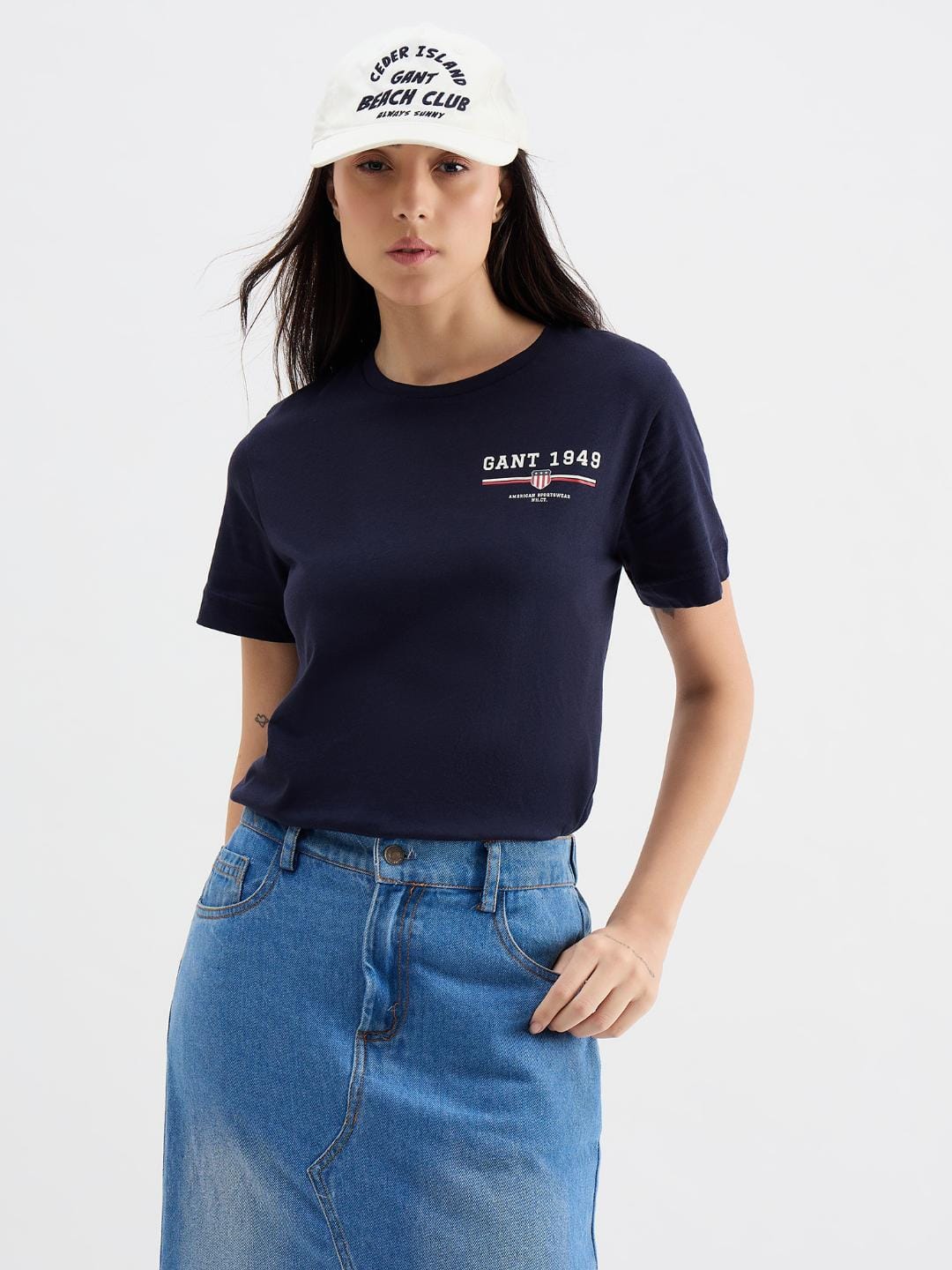Gant Women Blue Solid Crew Neck Tshirt