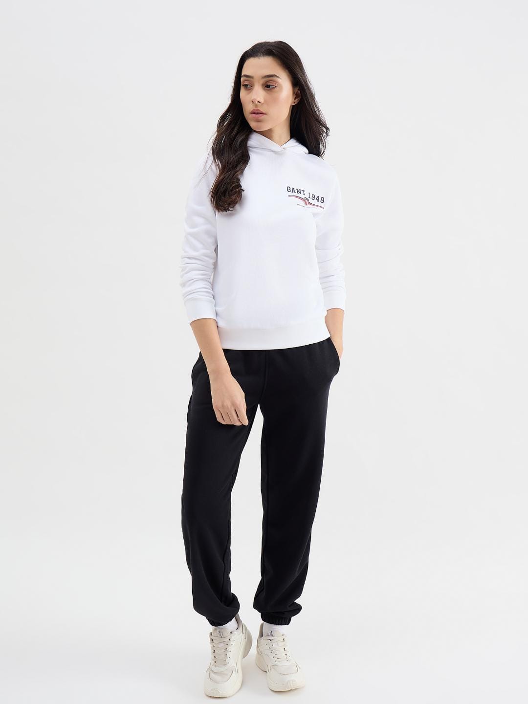 Gant Women White Solid Hooded Sweatshirt