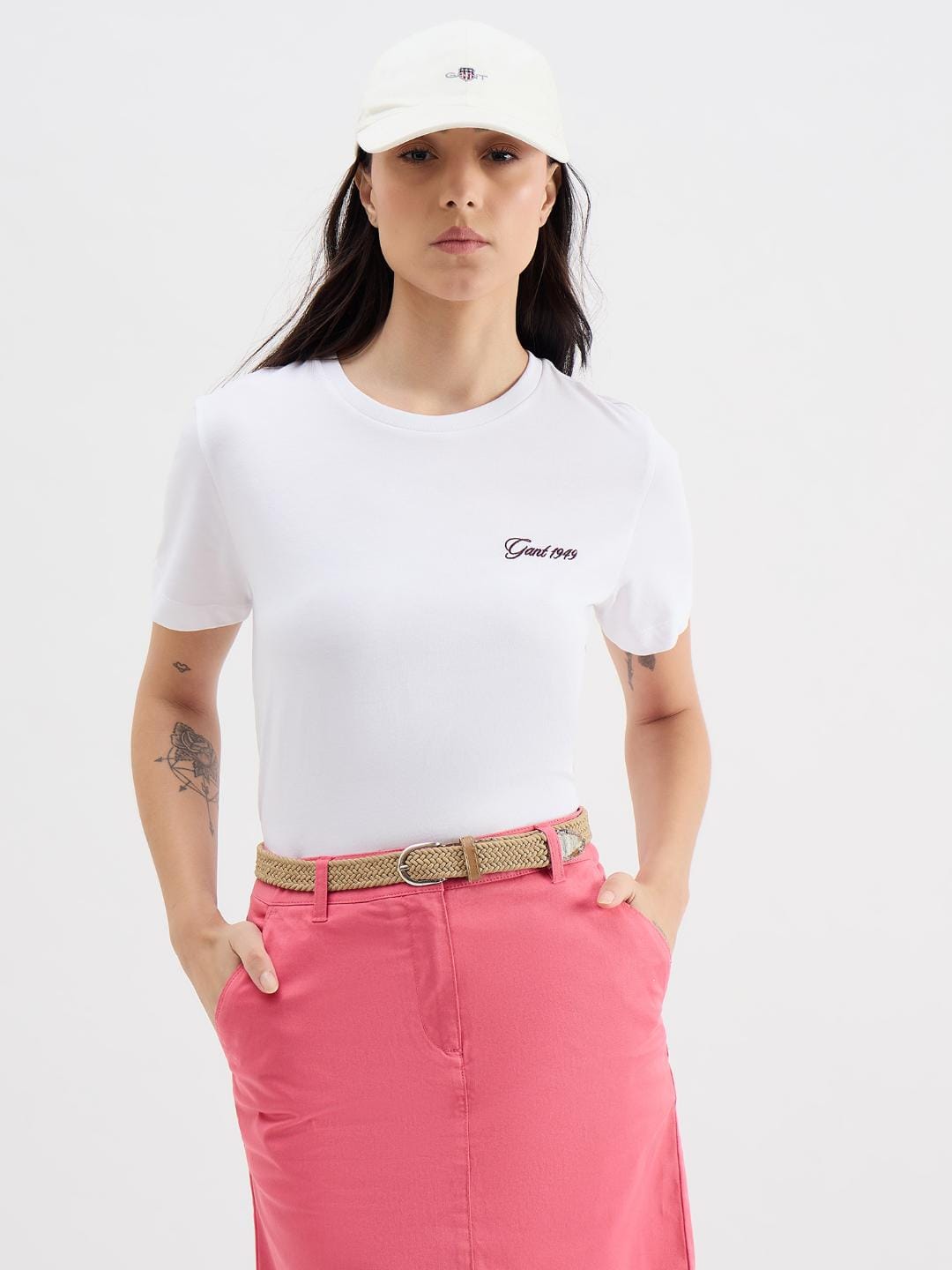 Gant Women White Melange Crew Neck Tshirt