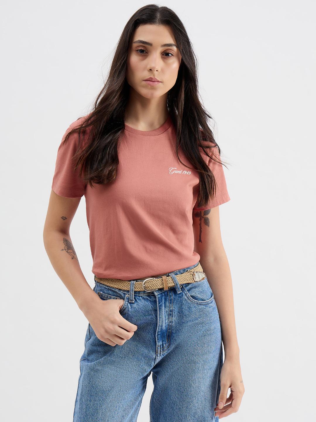 Gant Women Red Melange Crew Neck Tshirt
