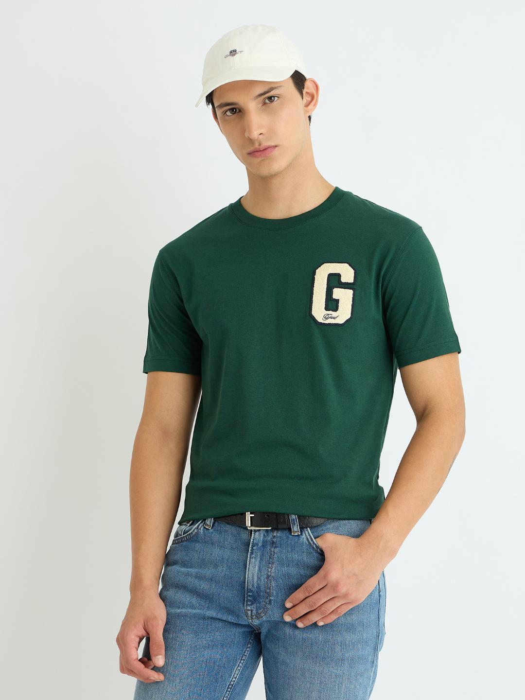 Gant Men Green Solid Crew Neck Tshirt