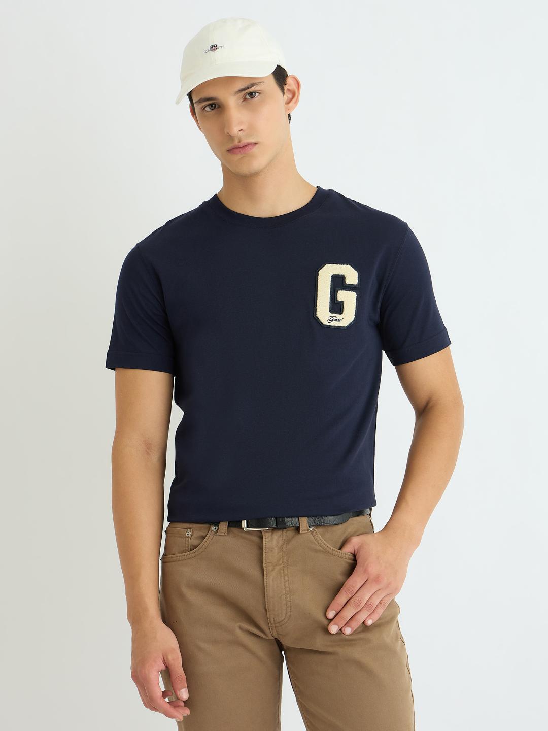 Gant Men Blue Solid Crew Neck Tshirt