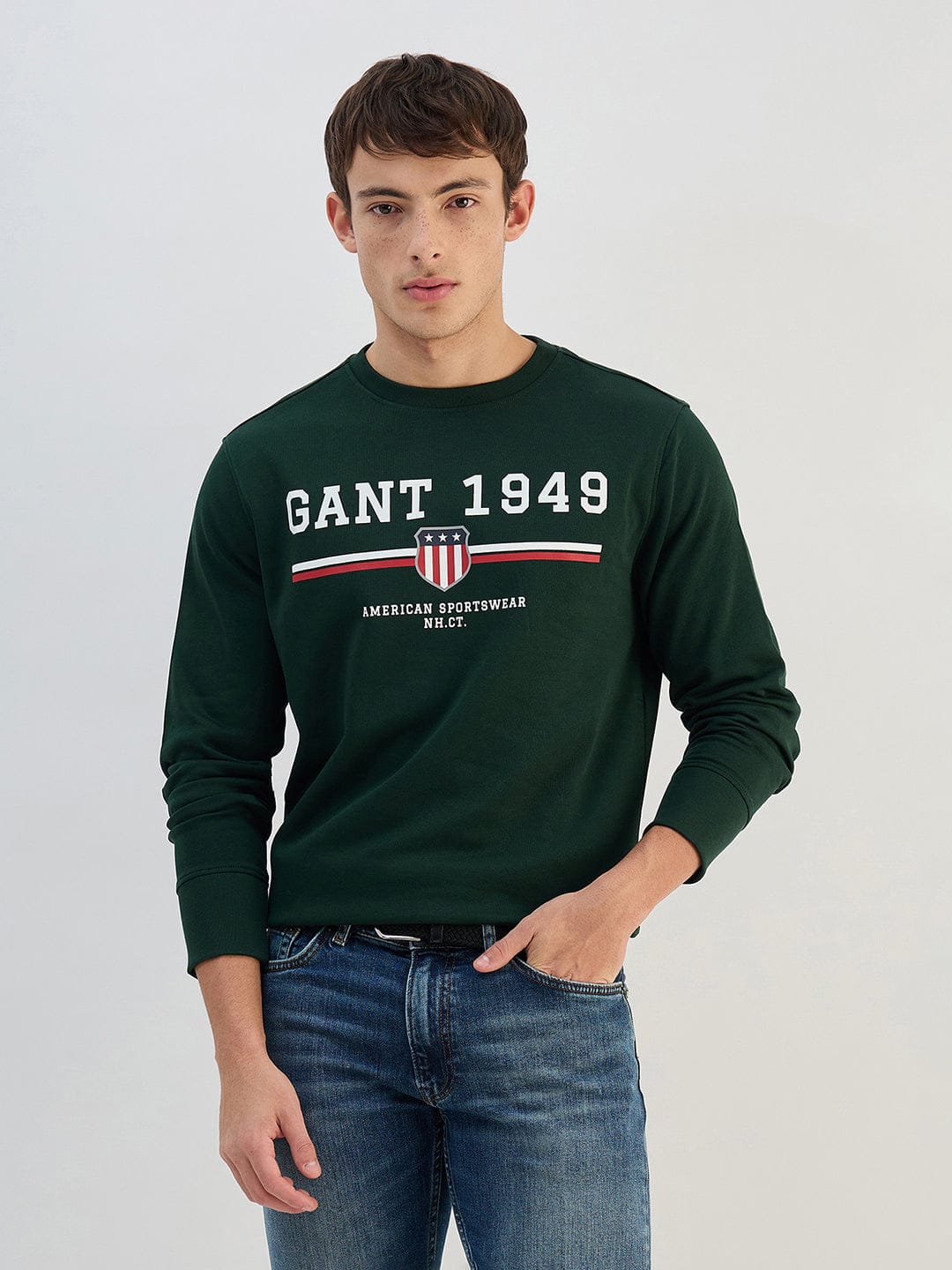 Gant Men Green Printed Crew Neck Sweatshirt