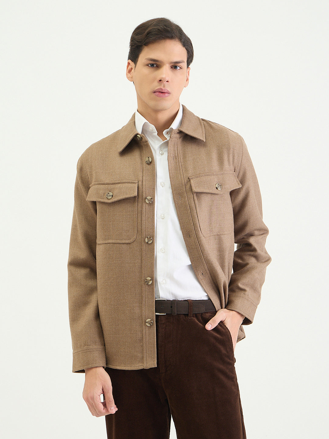 Gant Men Regular Beige Solid Wool Blend Oversize Shirt