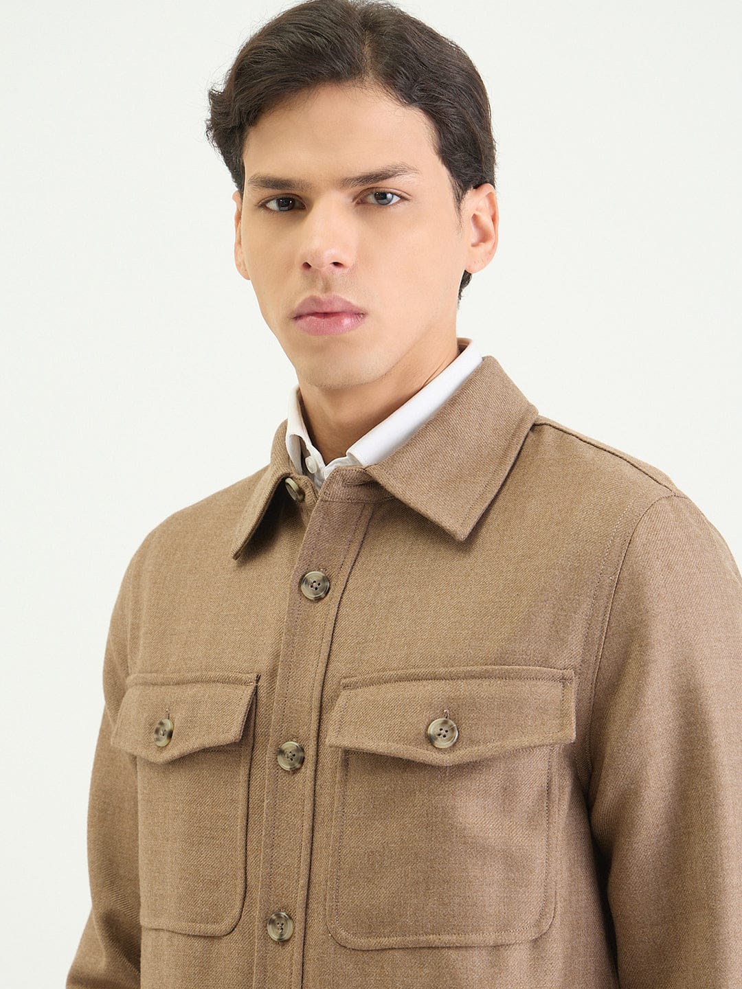 Gant Men Regular Beige Solid Wool Blend Oversize Shirt