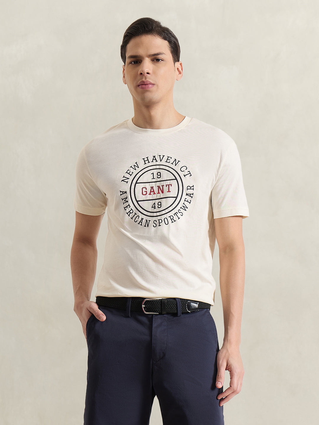 Gant Men Cream Printed Regular Fit Pure Cotton T-Shirt
