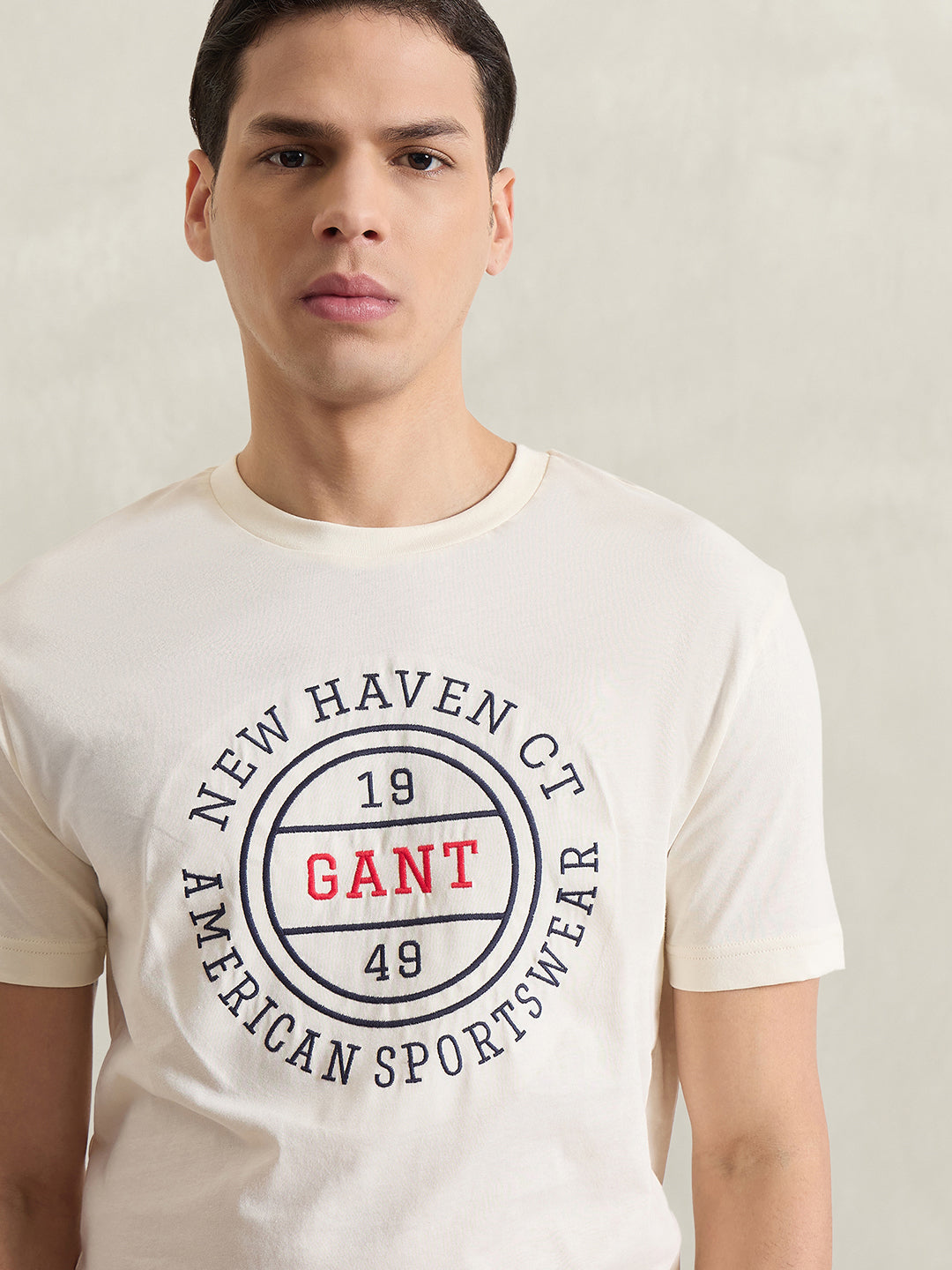 Gant Men Cream Printed Regular Fit Pure Cotton T-Shirt