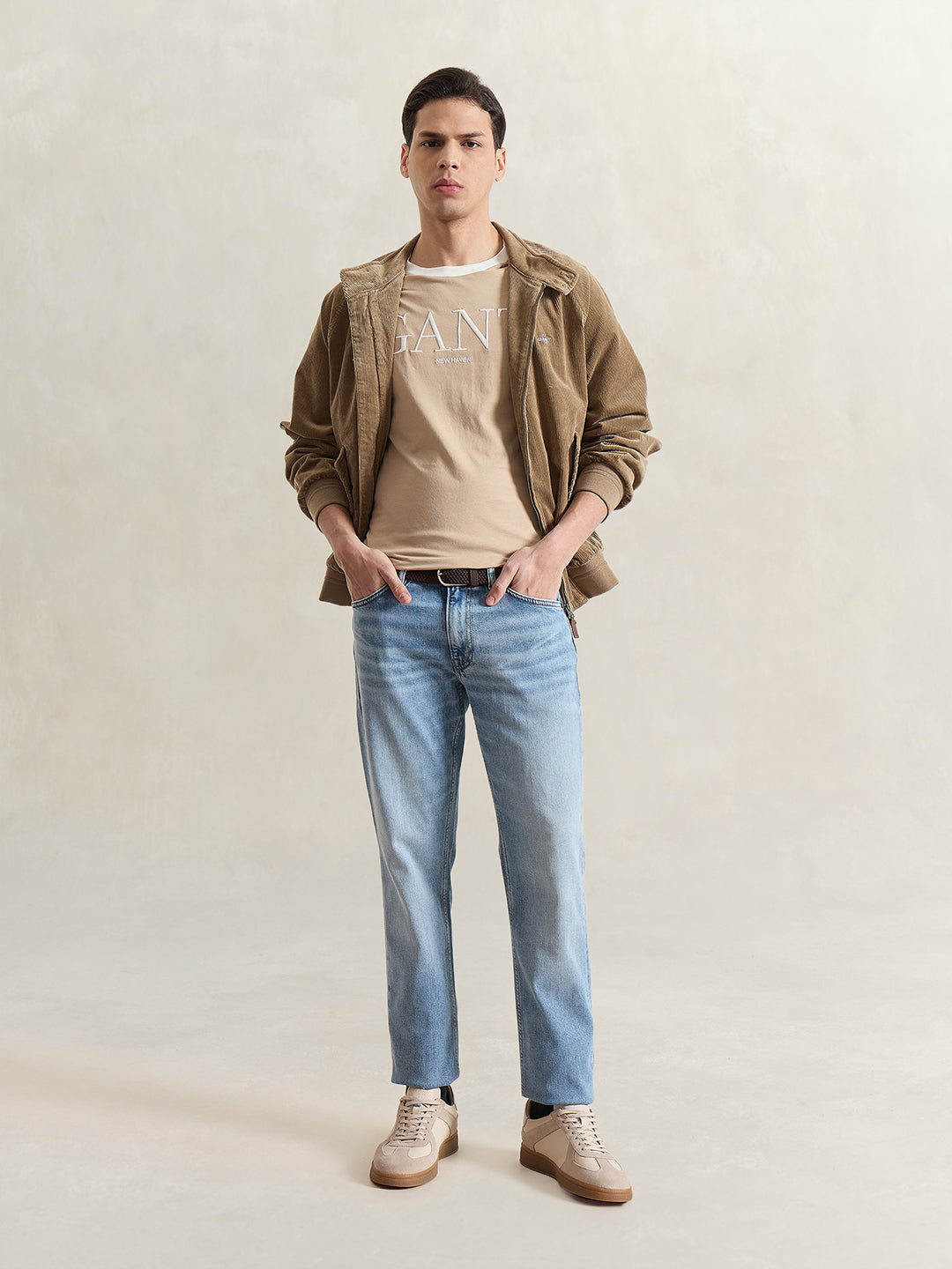 Gant Men Beige Solid Regular Fit Pure Cotton T-Shirt