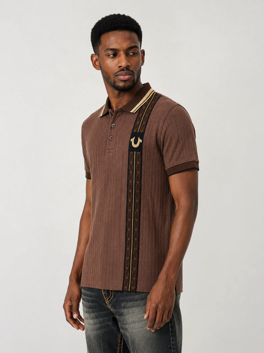 True Religion Men Brown Woven Design Regular Fit Polo T-Shirt