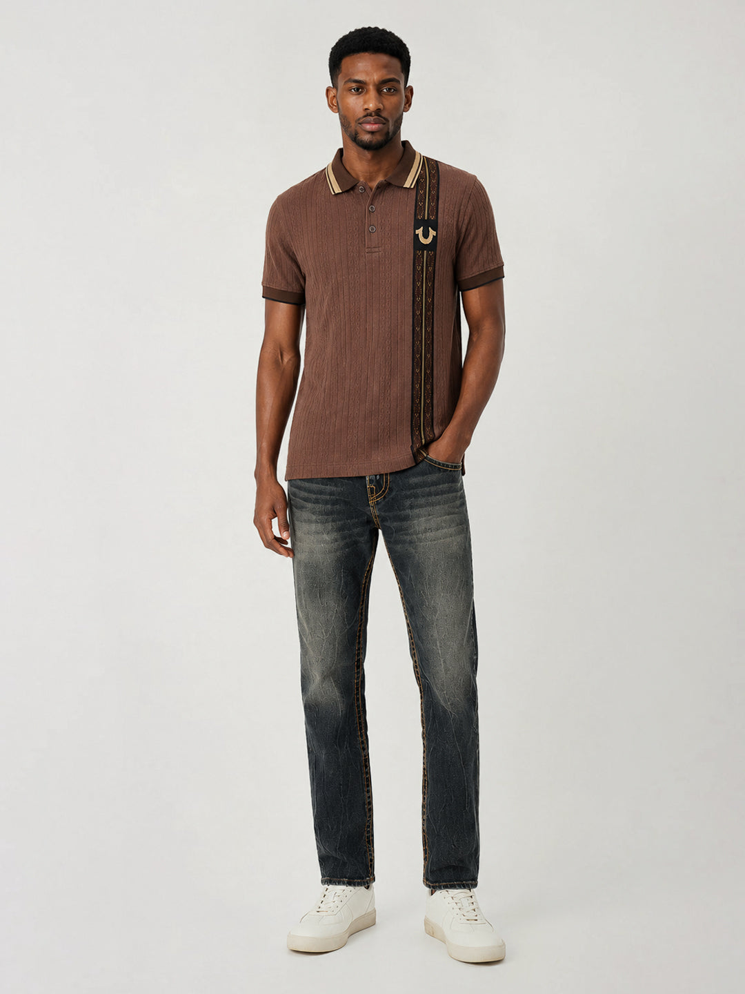 True Religion Men Brown Woven Design Regular Fit Polo T-Shirt