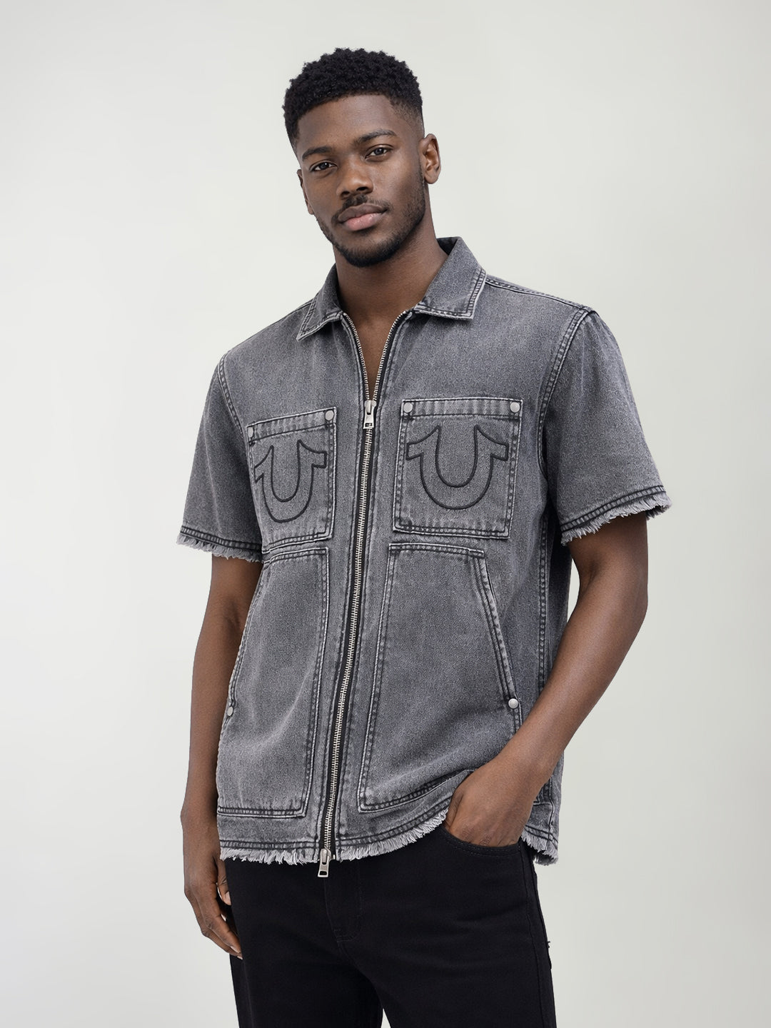 True Religion Men Solid Grey Shirt