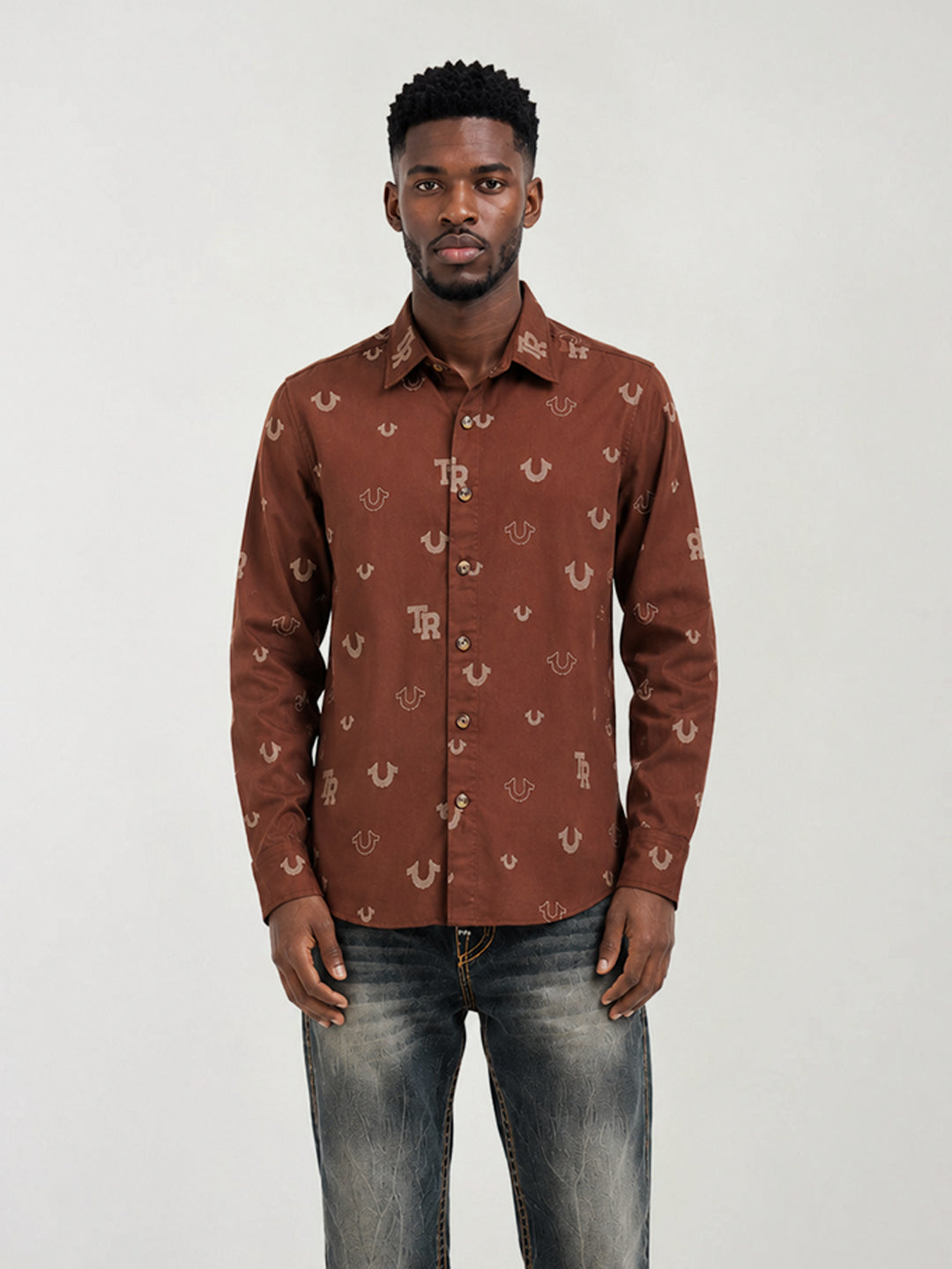 True Religion Men Brown Printed Regular Fit Shirt