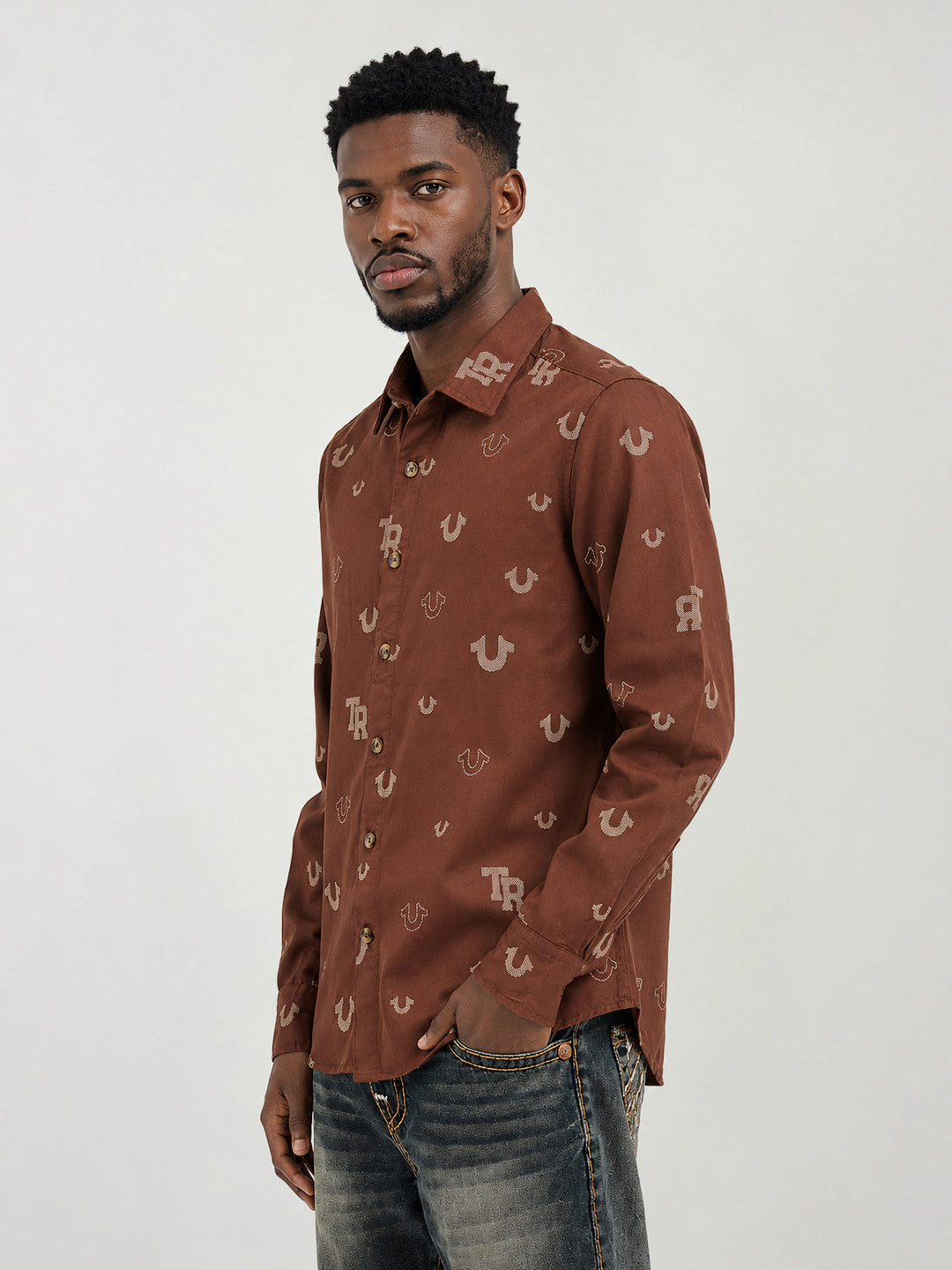 True Religion Men Brown Printed Regular Fit Shirt