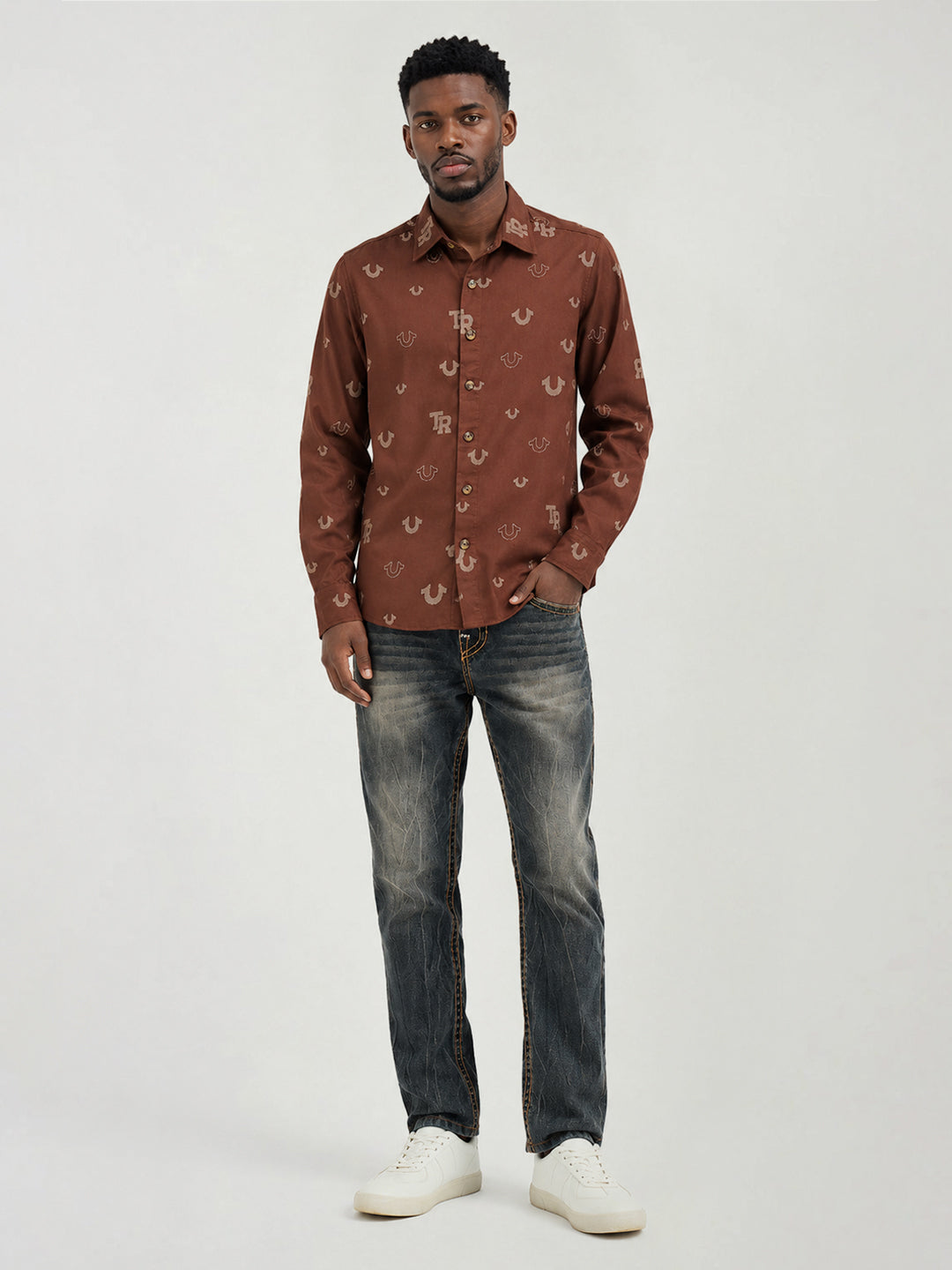 True Religion Men Brown Printed Regular Fit Shirt