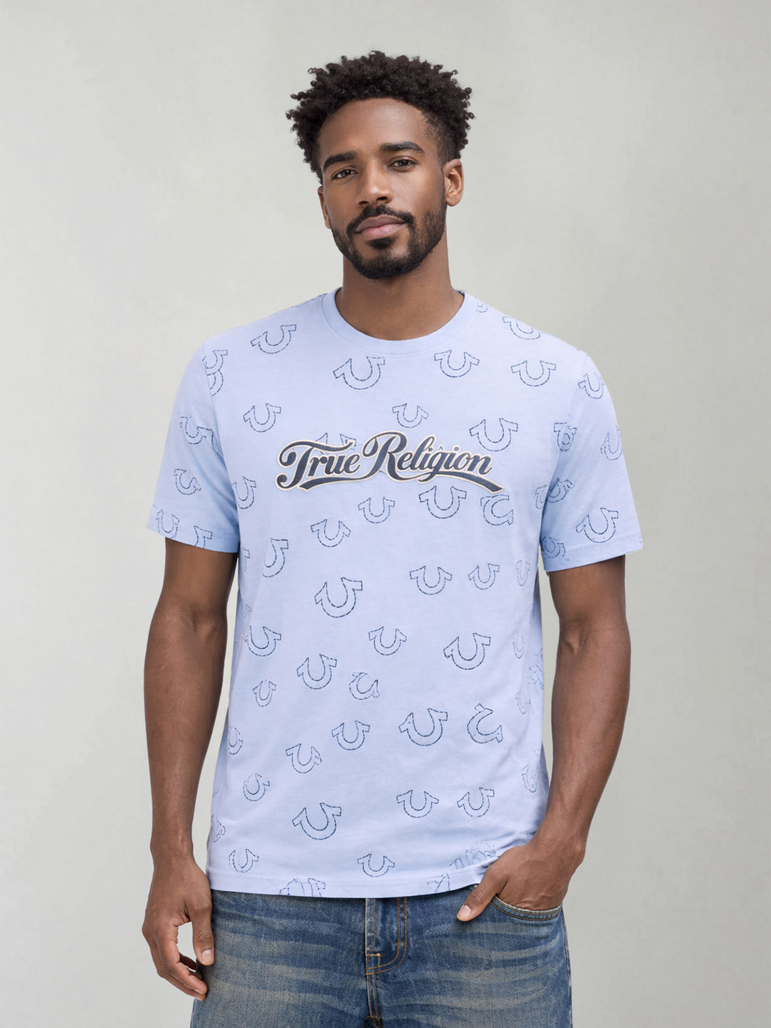 True Religion Men Printed Blue T-Shirt