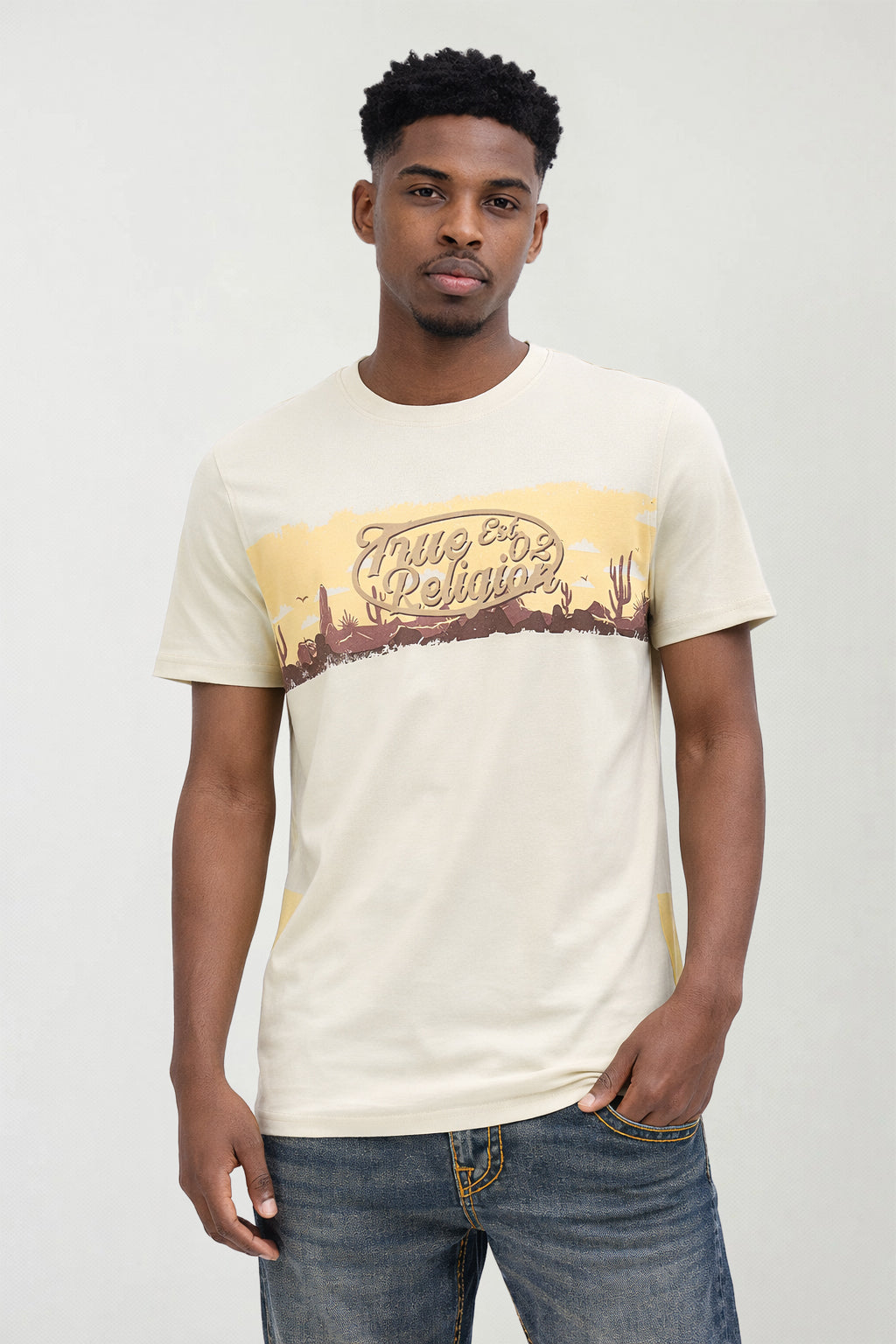 True Religion Men Printed Beige T-Shirt