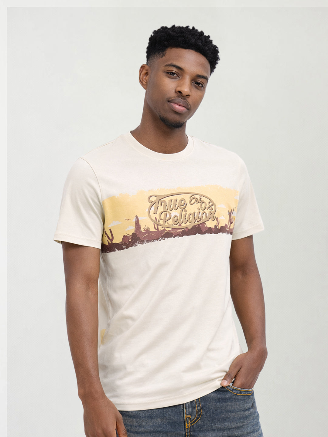 True Religion Men Printed Beige T-Shirt