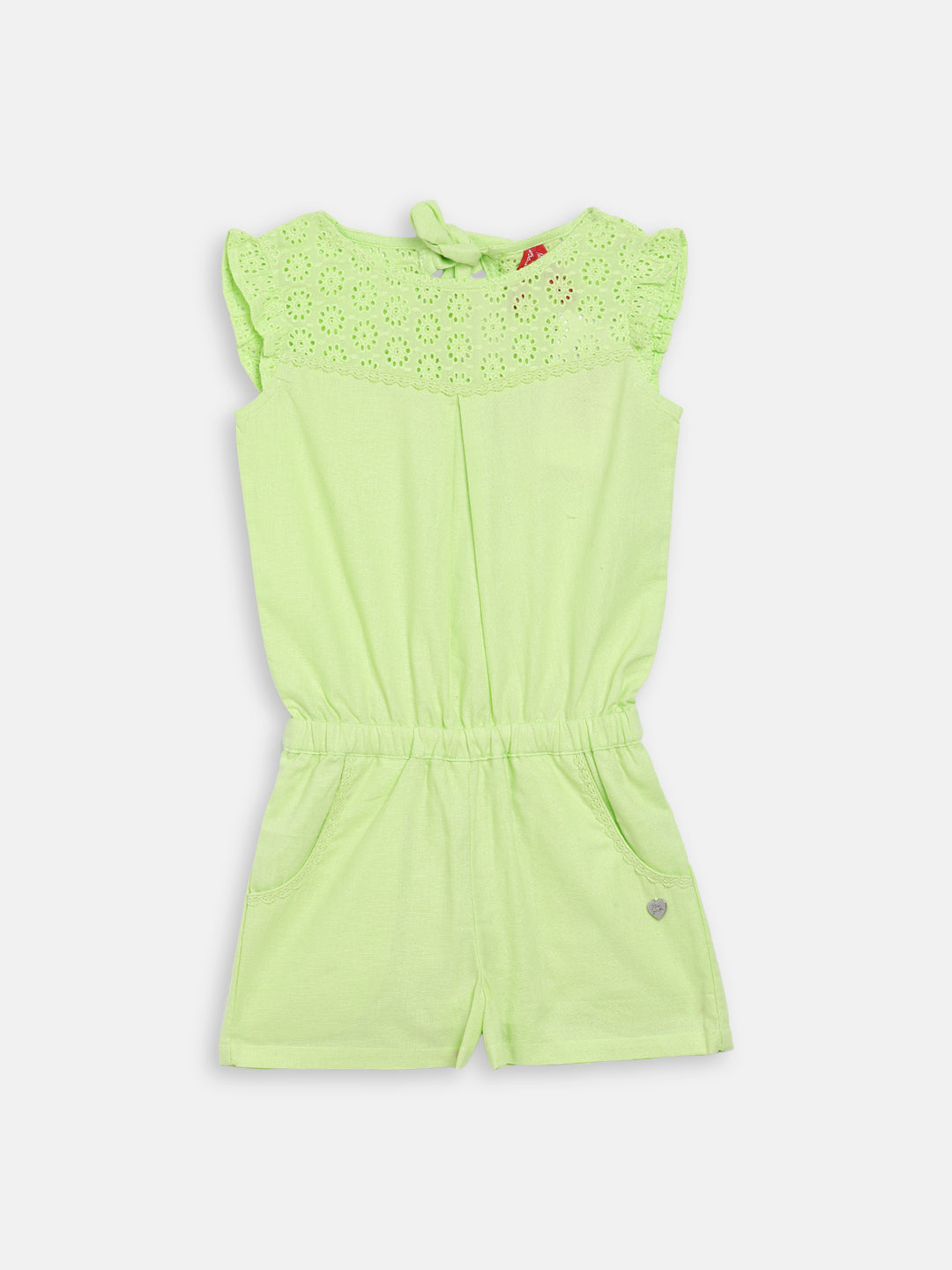 Blue Giraffe Girls Green Solid Round Neck Playsuit
