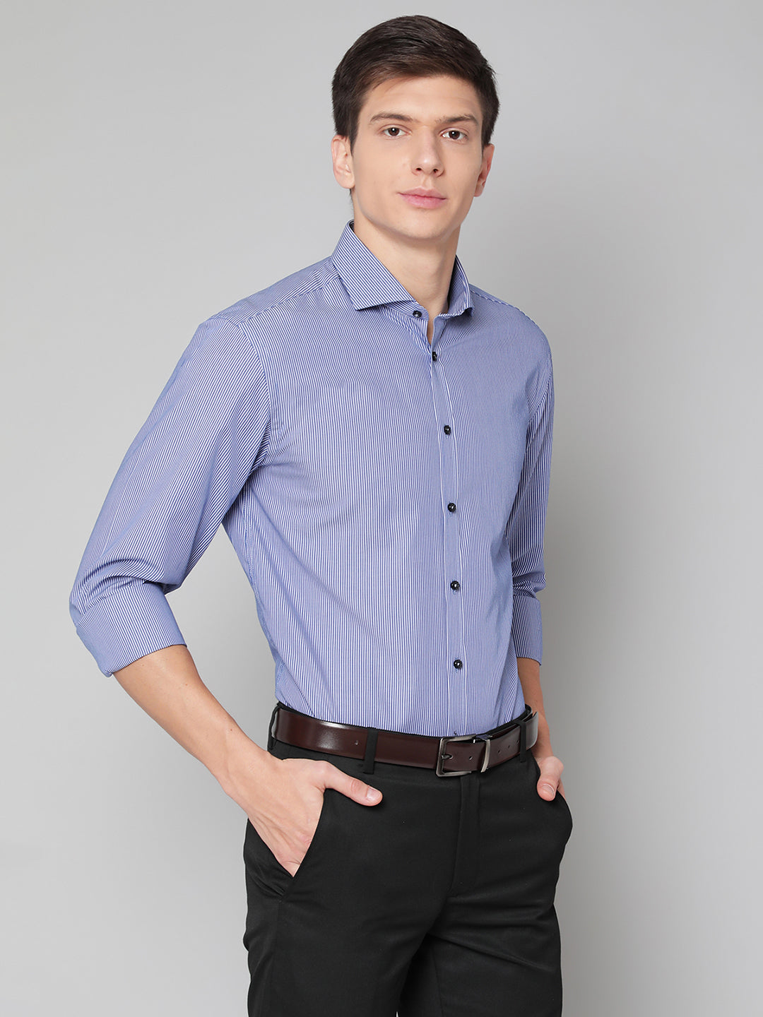 Bruun & Stengade Men Blue Striped Cutaway Collar Shirt