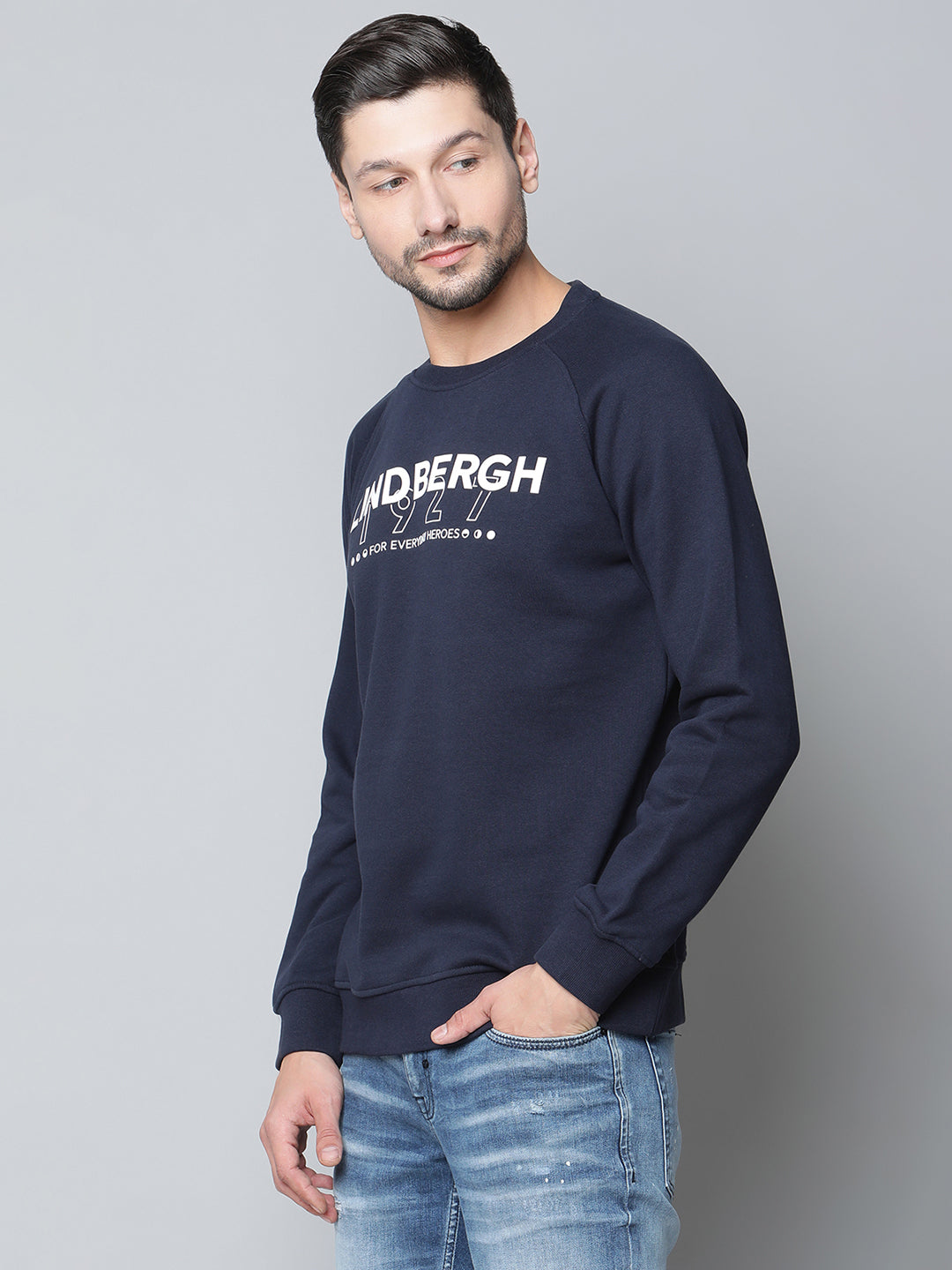 Lindbergh Men Navy Checked Round Neck Sweatshirt