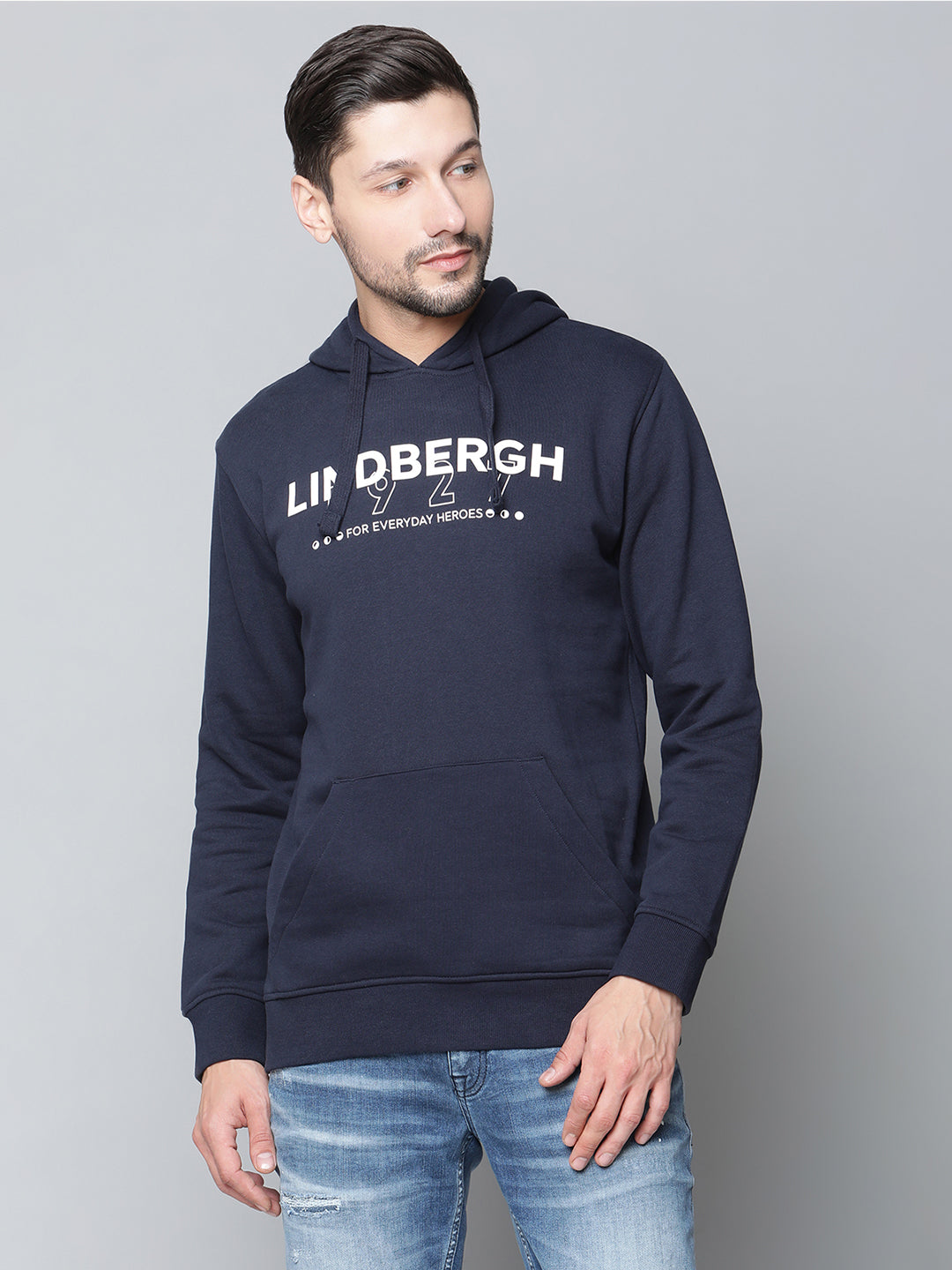 Lindbergh Men Navy Blue Solid Hooded Sweatshirt