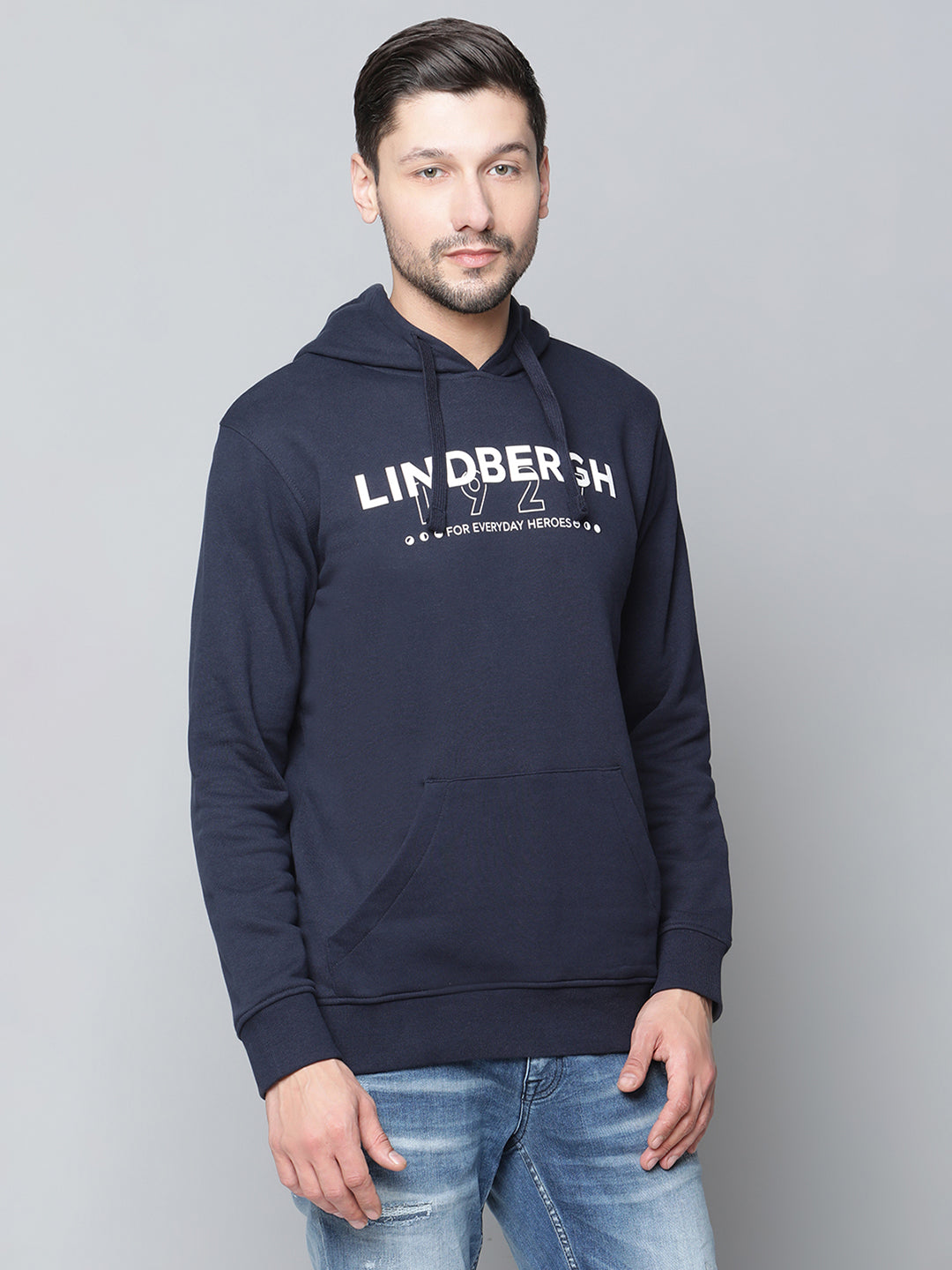 Lindbergh Men Navy Blue Solid Hooded Sweatshirt