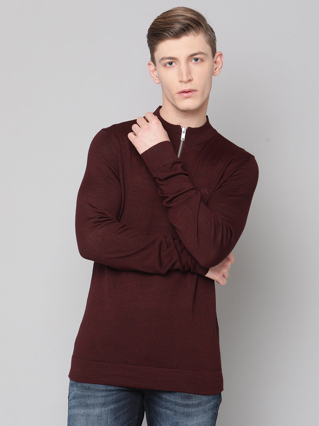 Shop Lindbergh Men Maroon Solid Round Neck Sweater Online