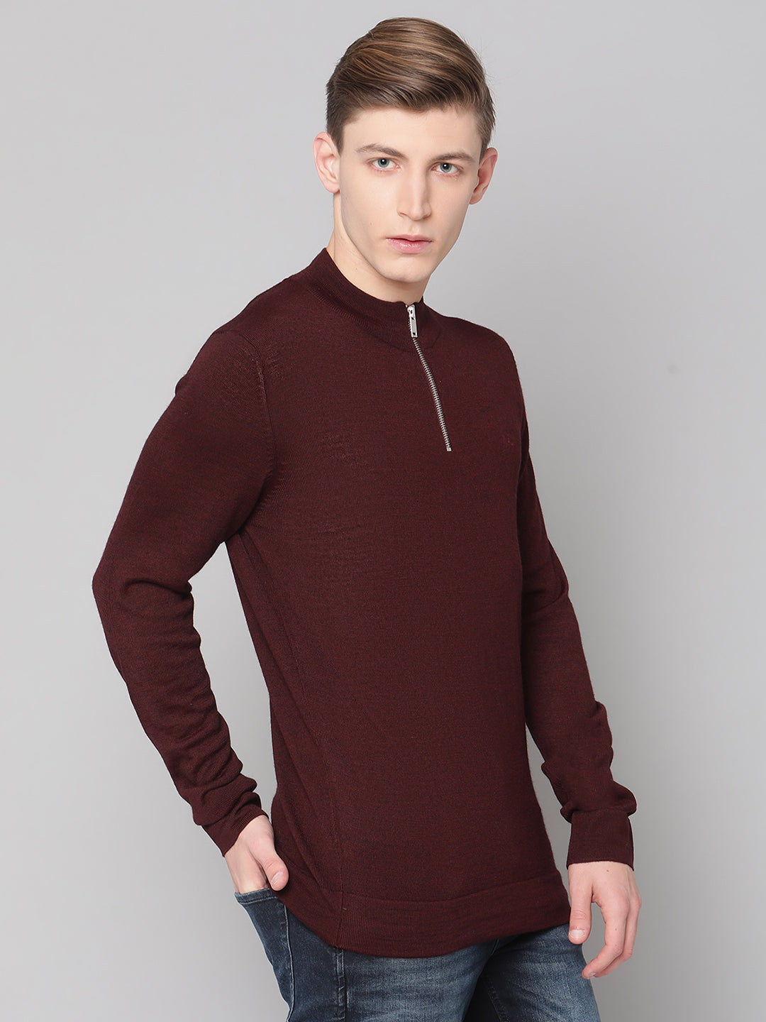 Lindbergh Men Maroon Solid Round Neck Sweater