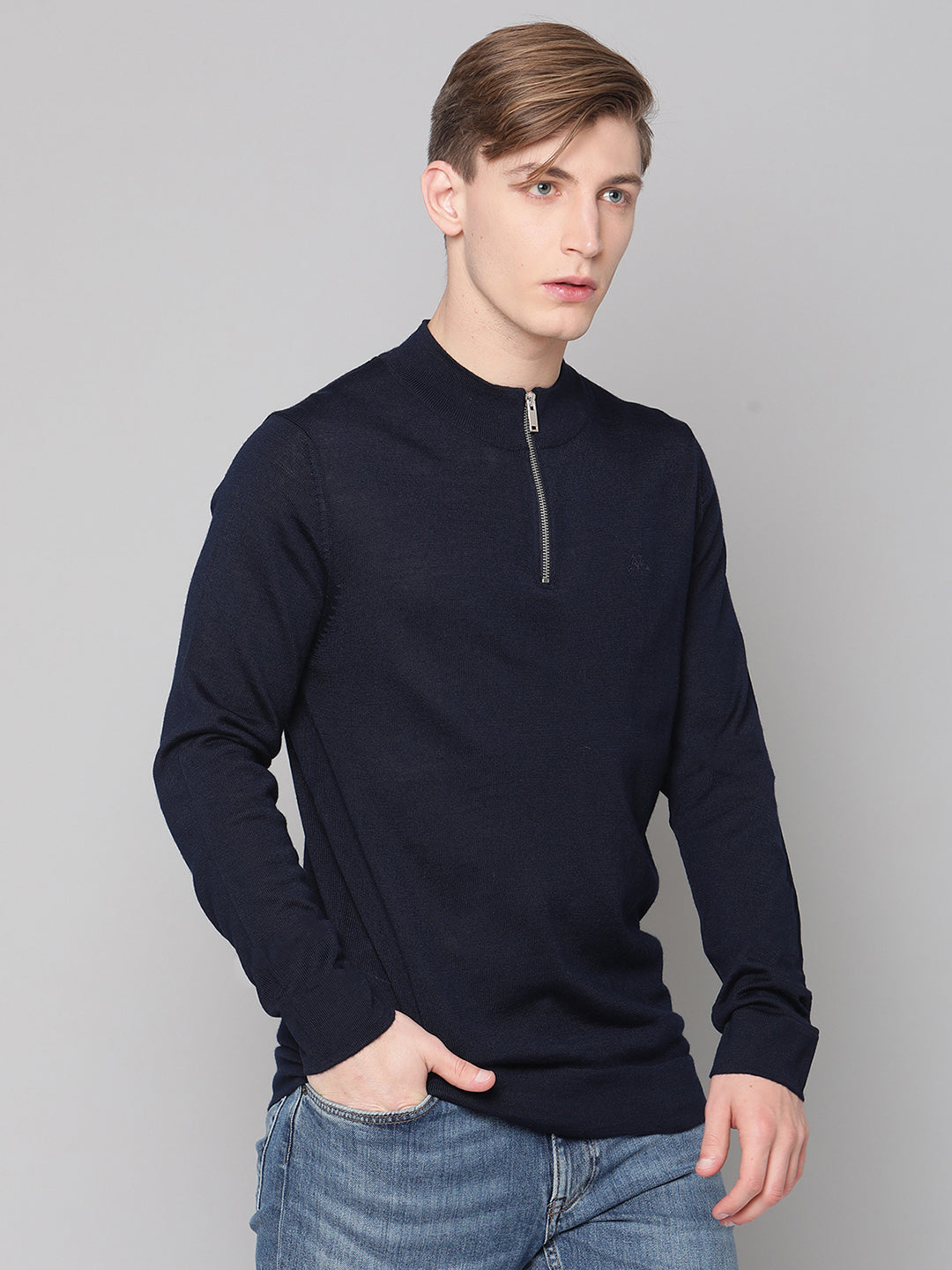 Lindbergh Men Navy Blue Solid Round Neck Sweater