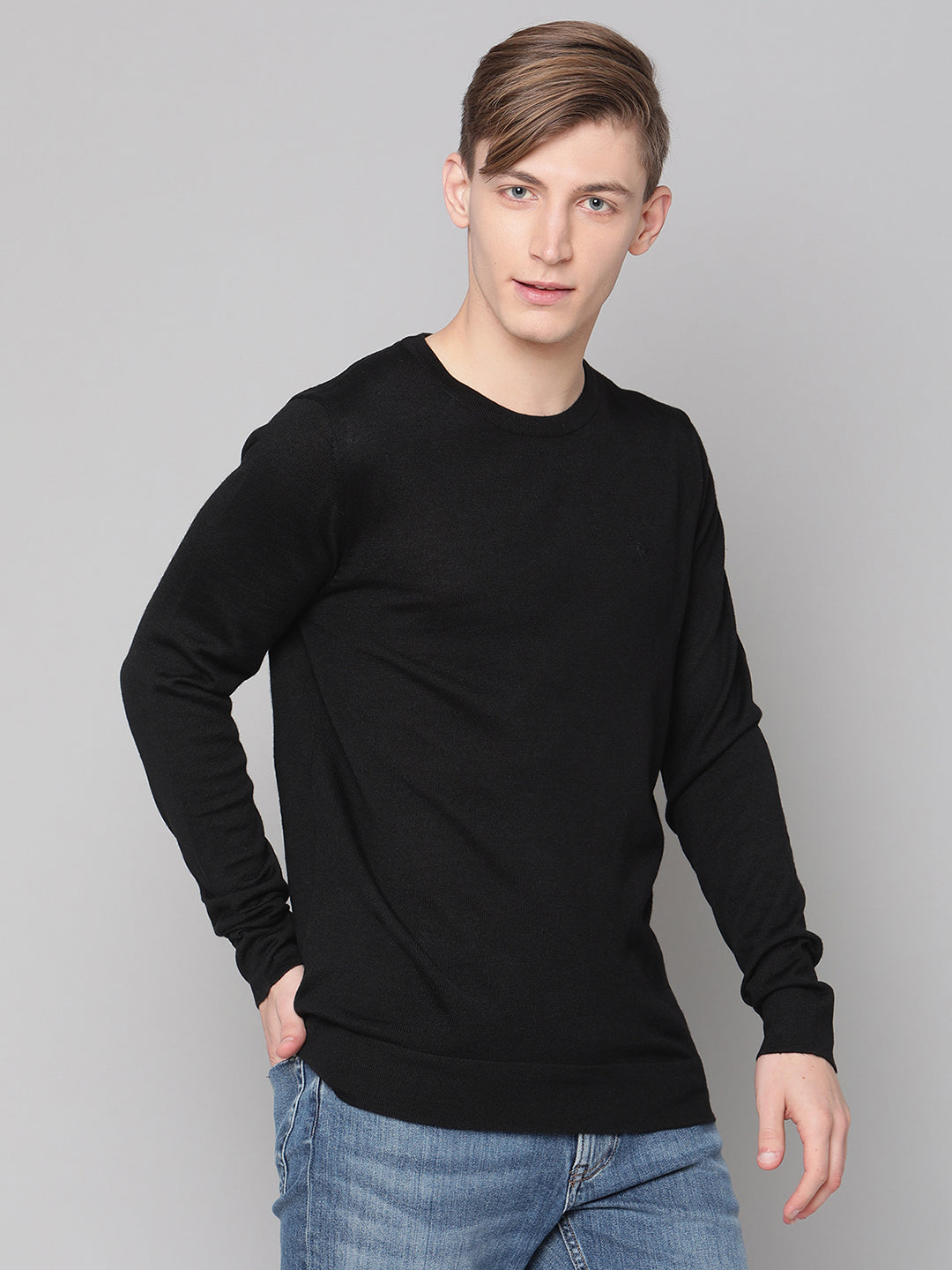 Lindbergh Men Black Solid Round Neck Sweater