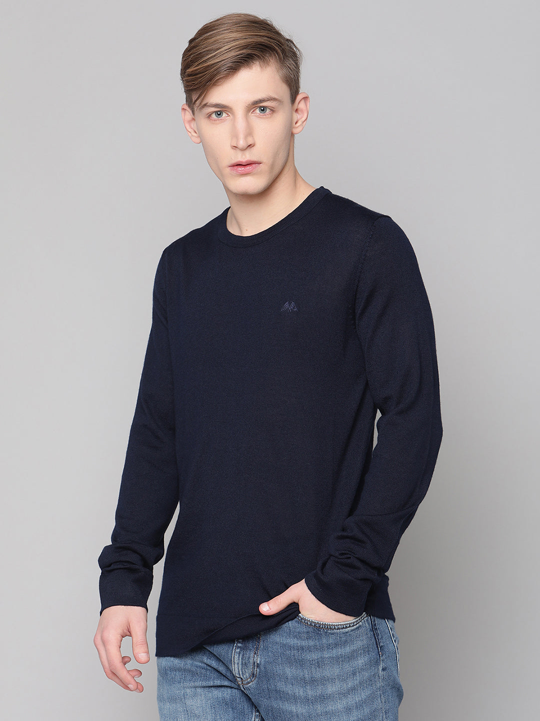 Lindbergh Men Navy Blue Solid Round Neck Sweater