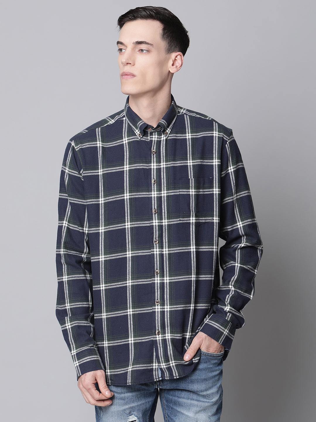 Lindbergh Men Navy Blue Checked Button Down Collar Shirt