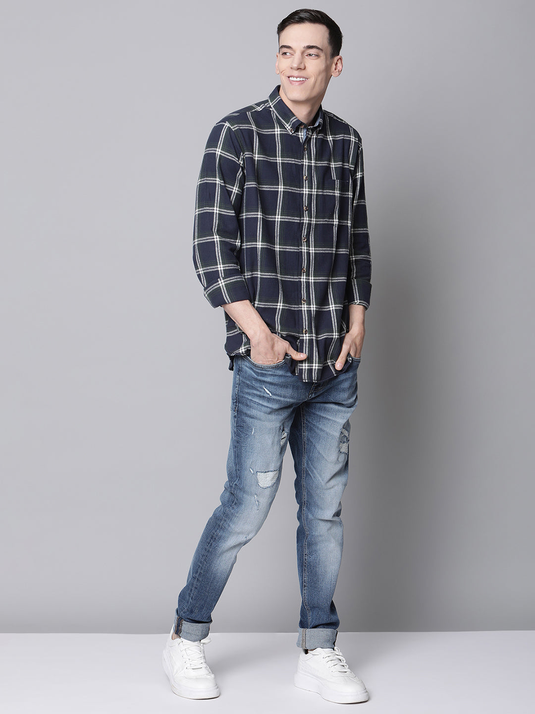 Lindbergh Men Navy Blue Checked Button Down Collar Shirt