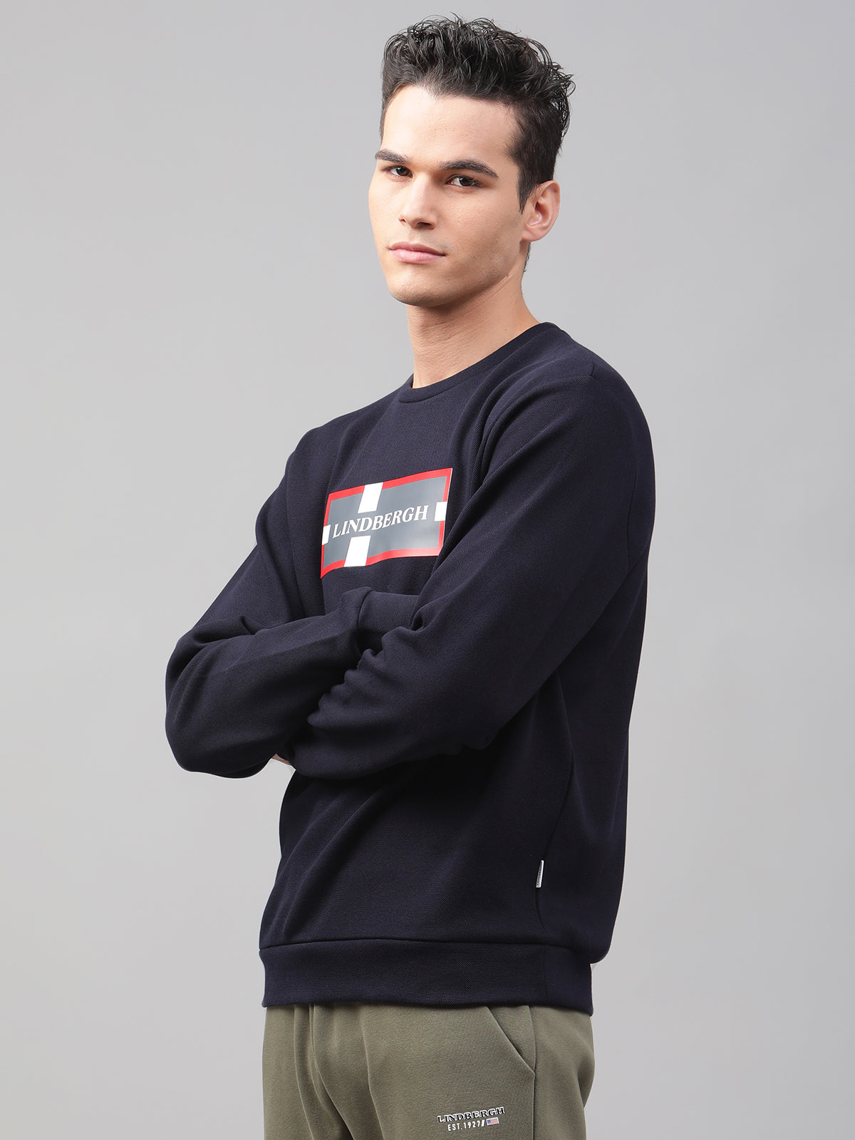 Lindbergh Men Blue Solid Round Neck Sweatshirt