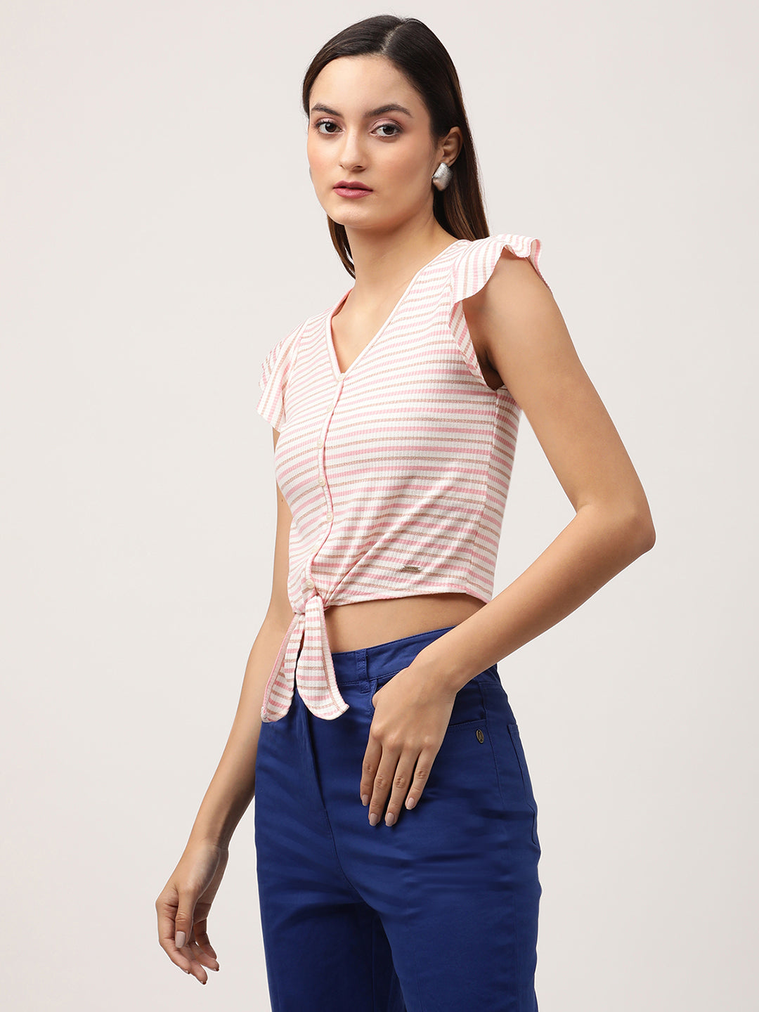 Elle Women Pink Striped V Neck TShirt