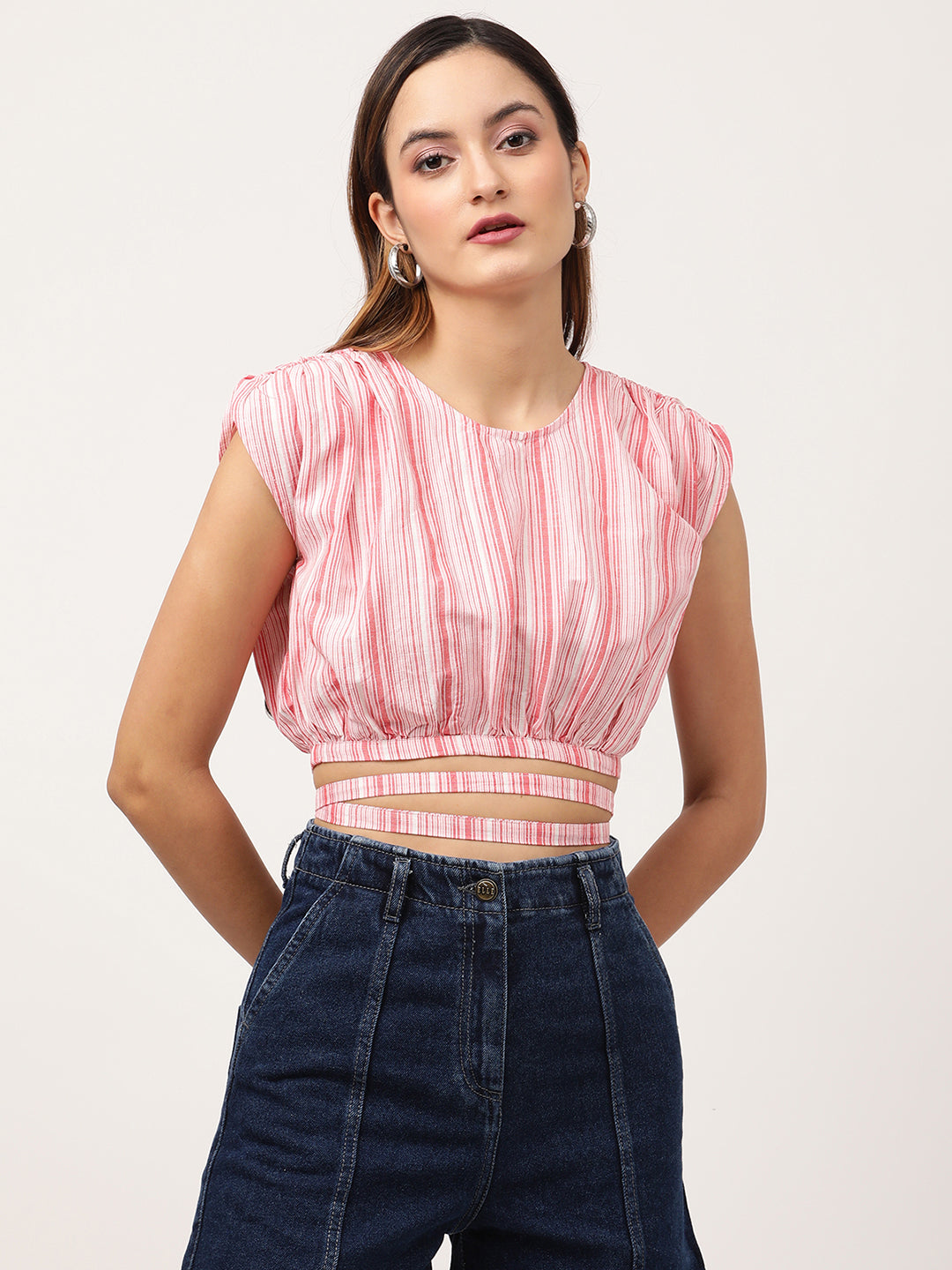 Elle Women Red Striped Round Neck Top