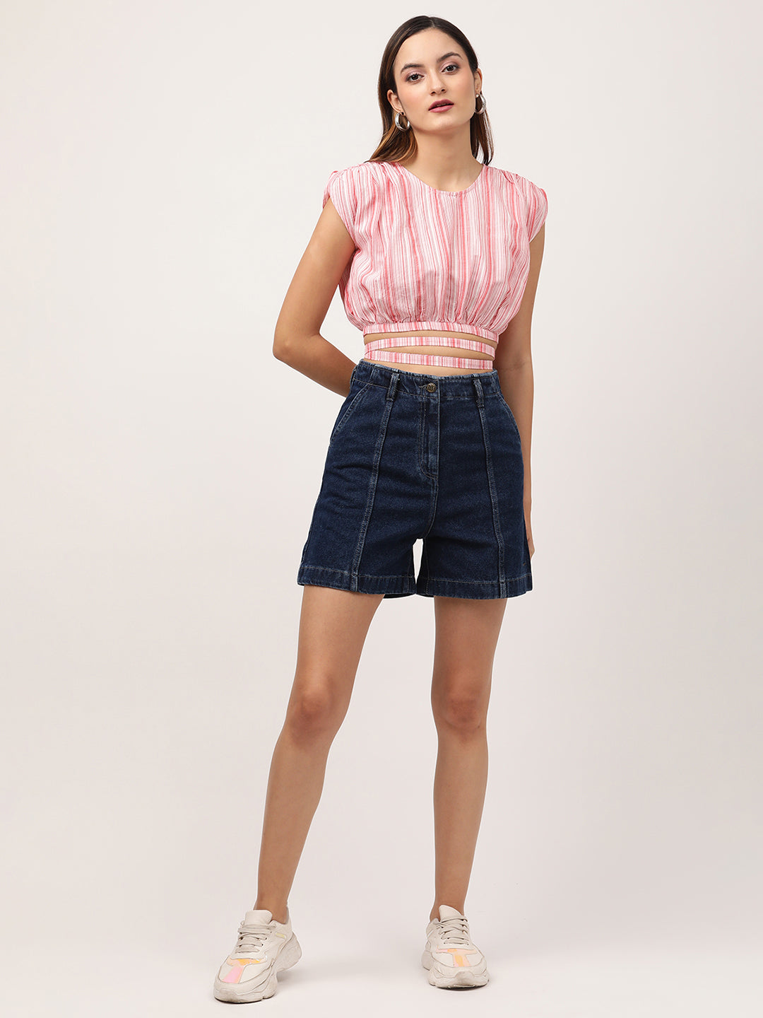 Elle Women Red Striped Round Neck Top