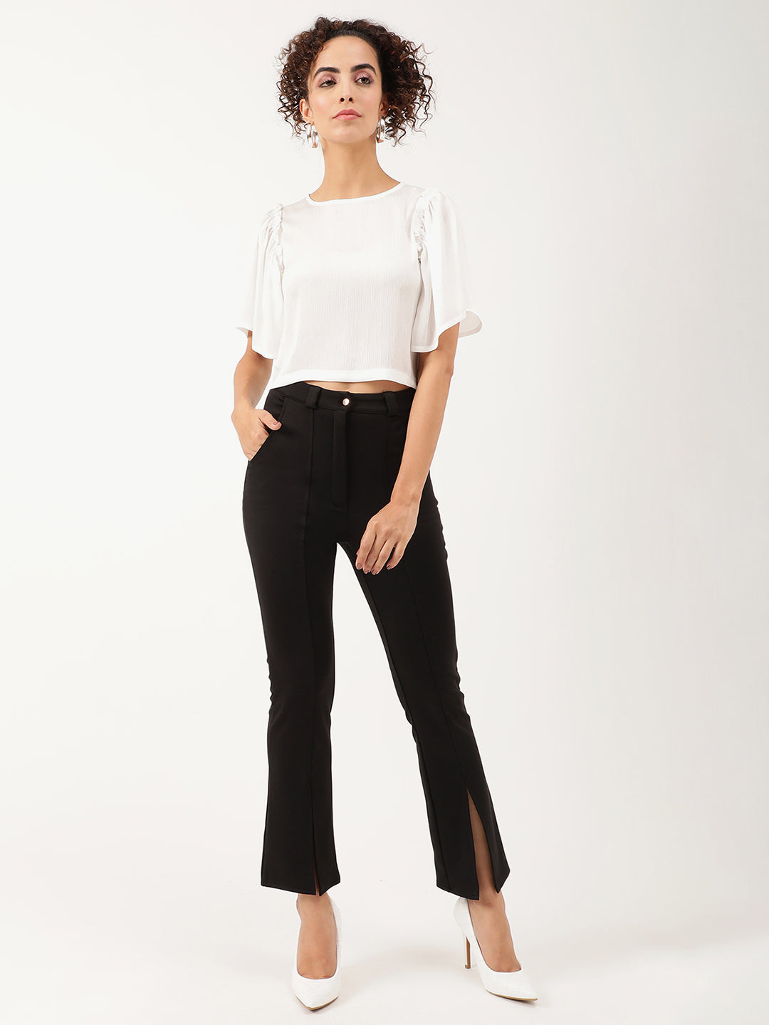 Centre Stage Women White Solid Boat Neck Top
