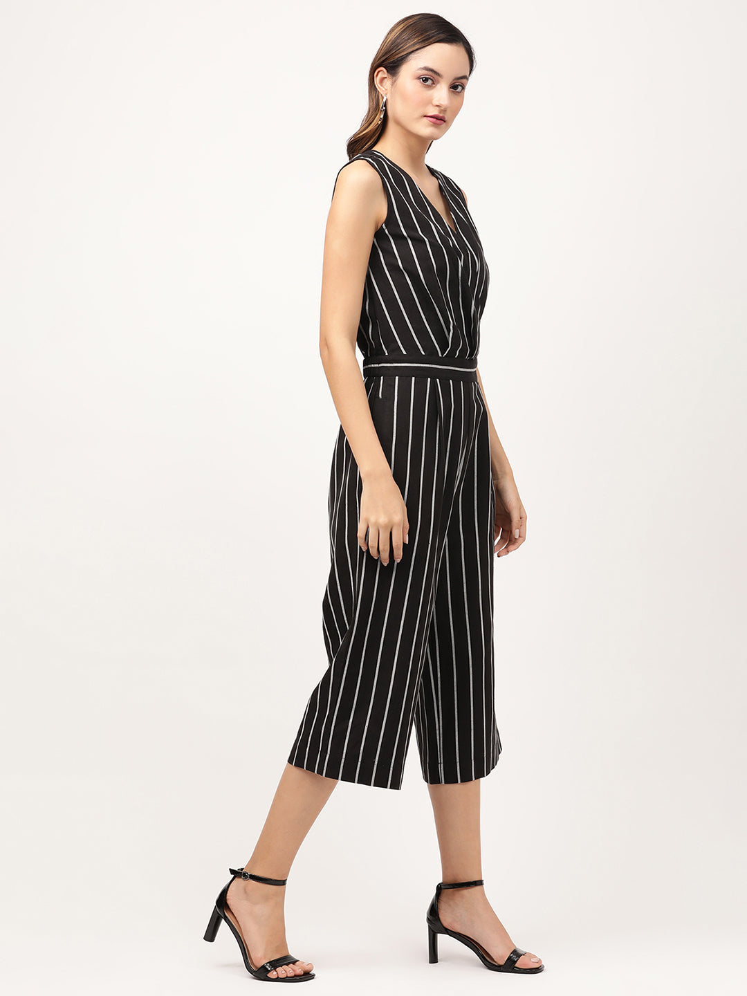 Elle Women Black Striped V Neck Jumpsuit